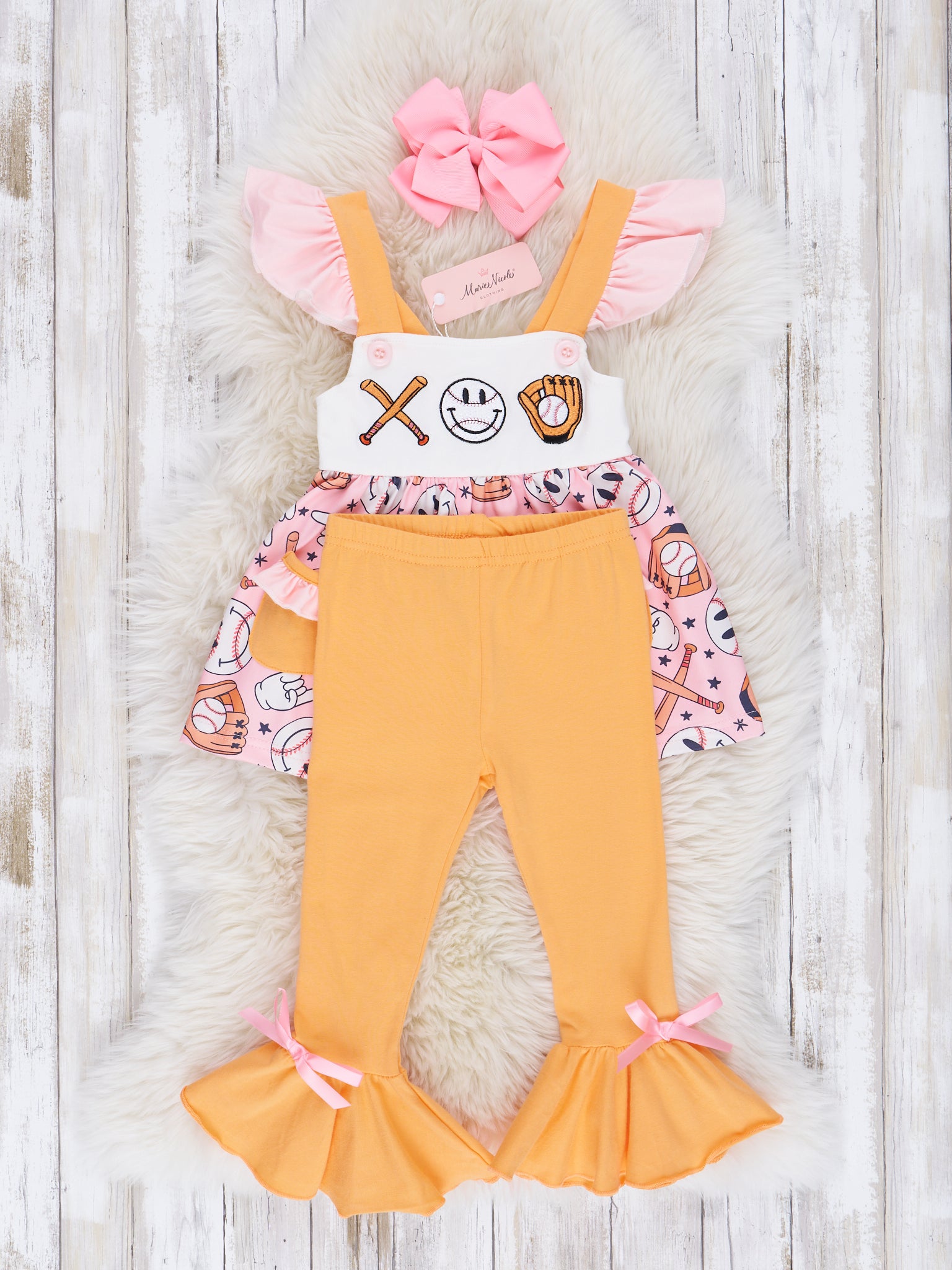 Pink & Butterscotch Baseball Ruffle Outfit - Marie Nicole Clothing