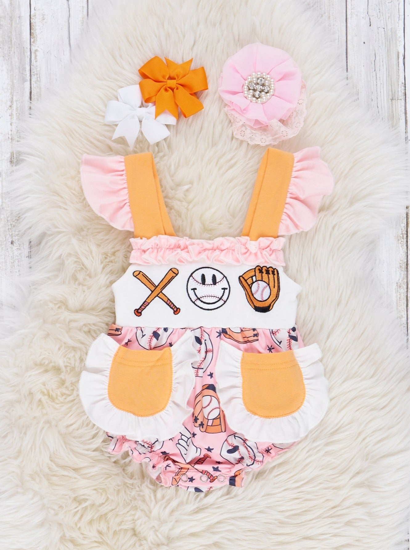 Pink & Butterscotch Baseball Ruffle Bubble Romper - Marie Nicole Clothing