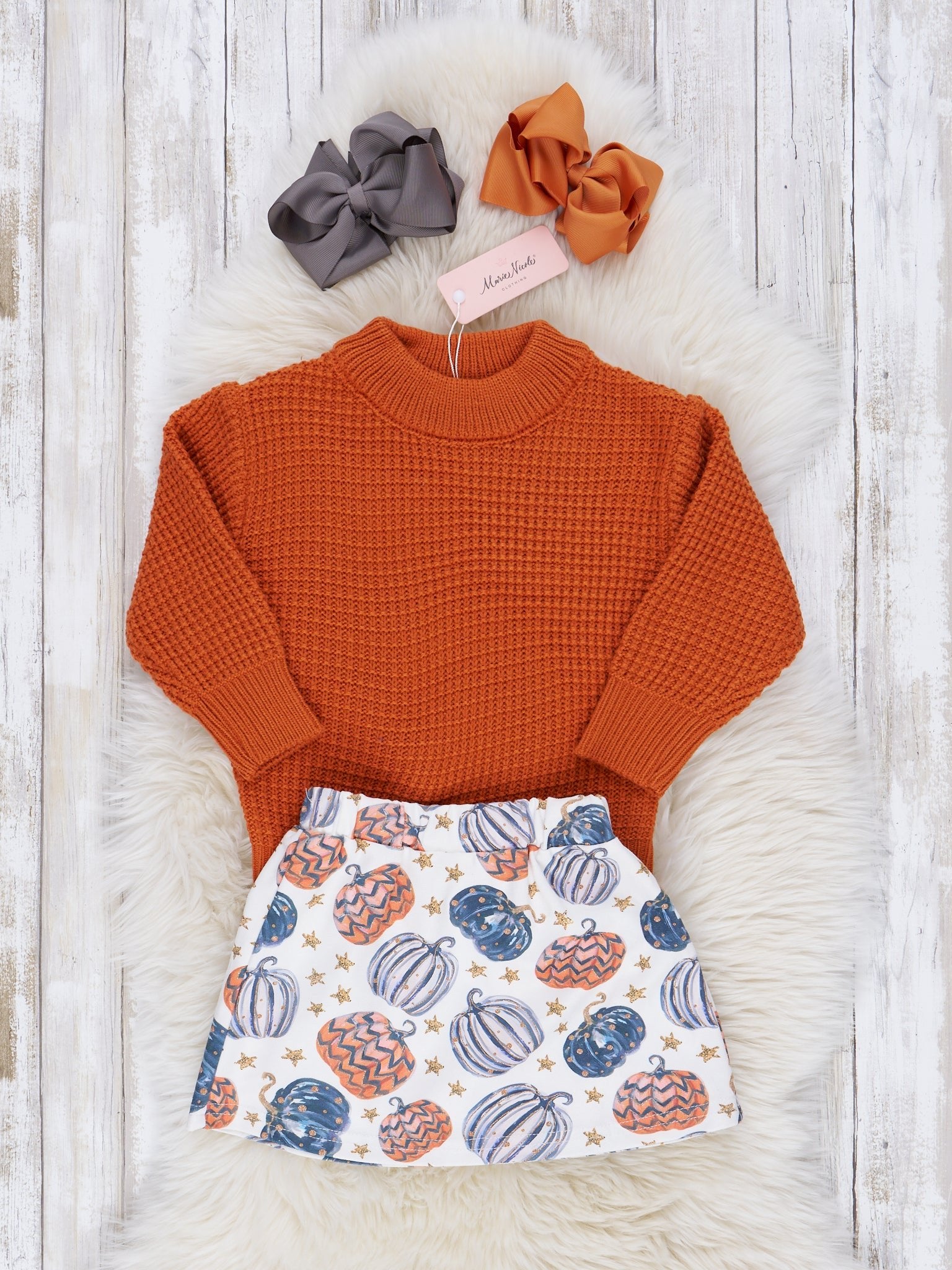 Orange Waffle Knit Sweater & Pumpkin Skirt Outfit - Marie Nicole Clothing