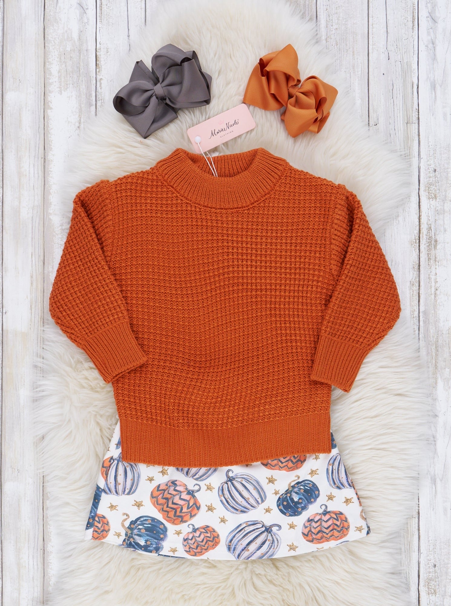 Orange Waffle Knit Sweater & Pumpkin Skirt Outfit - Marie Nicole Clothing