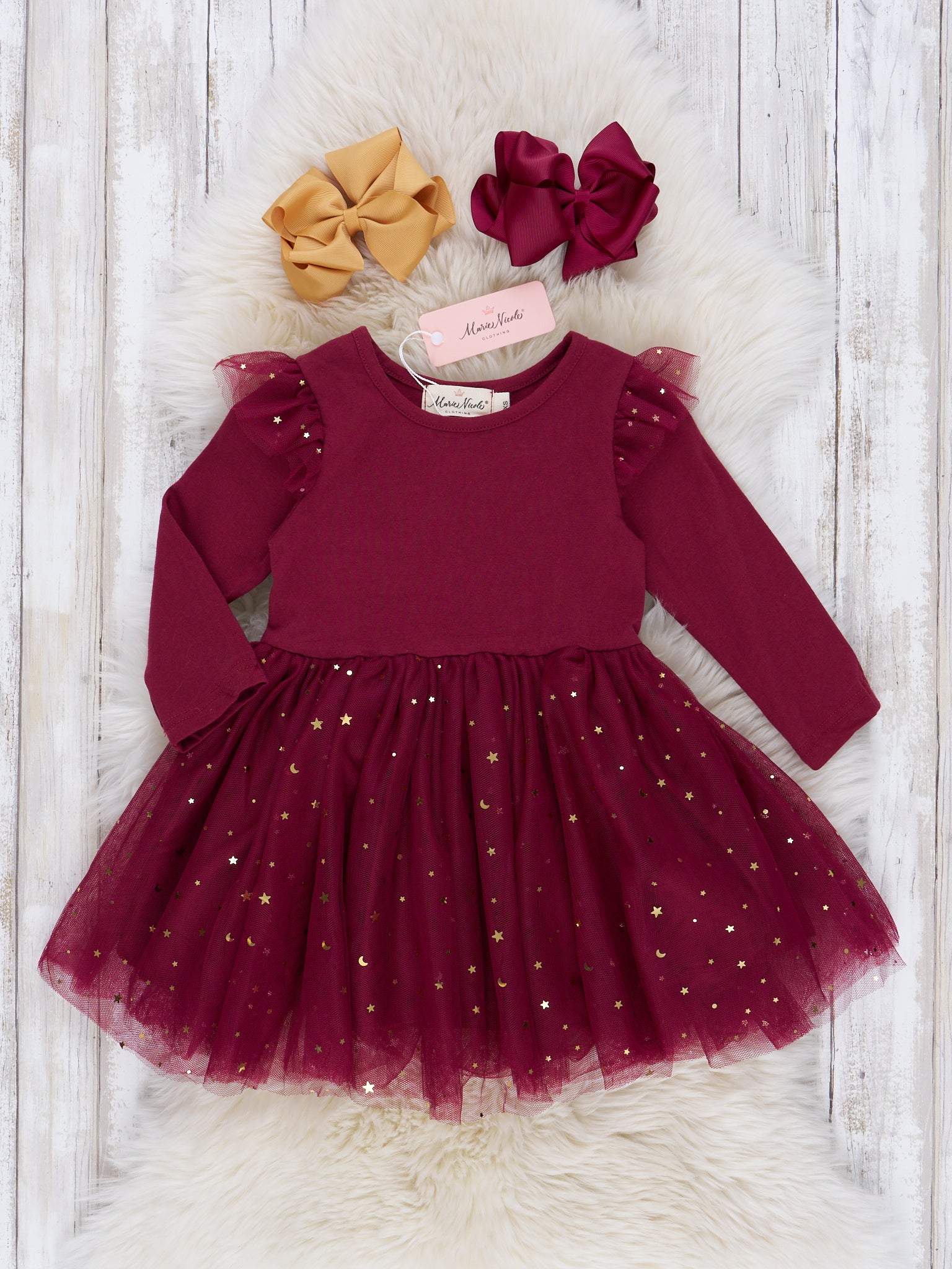 Merlot Long Sleeve Ruffle Tulle Dress - Marie Nicole Clothing