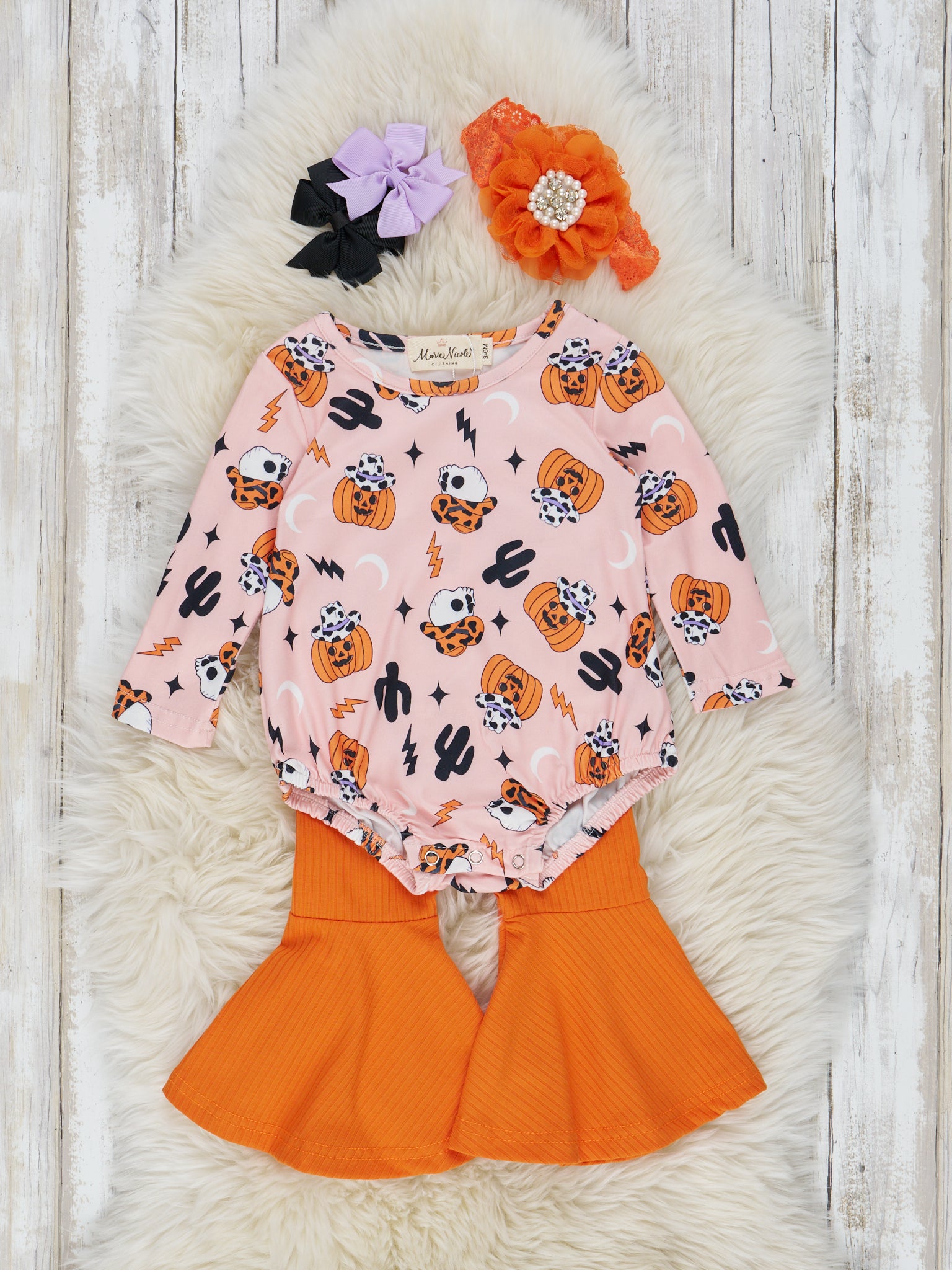 Cowboy Pumpkins Bell Bottom Romper Outfit - Marie Nicole Clothing