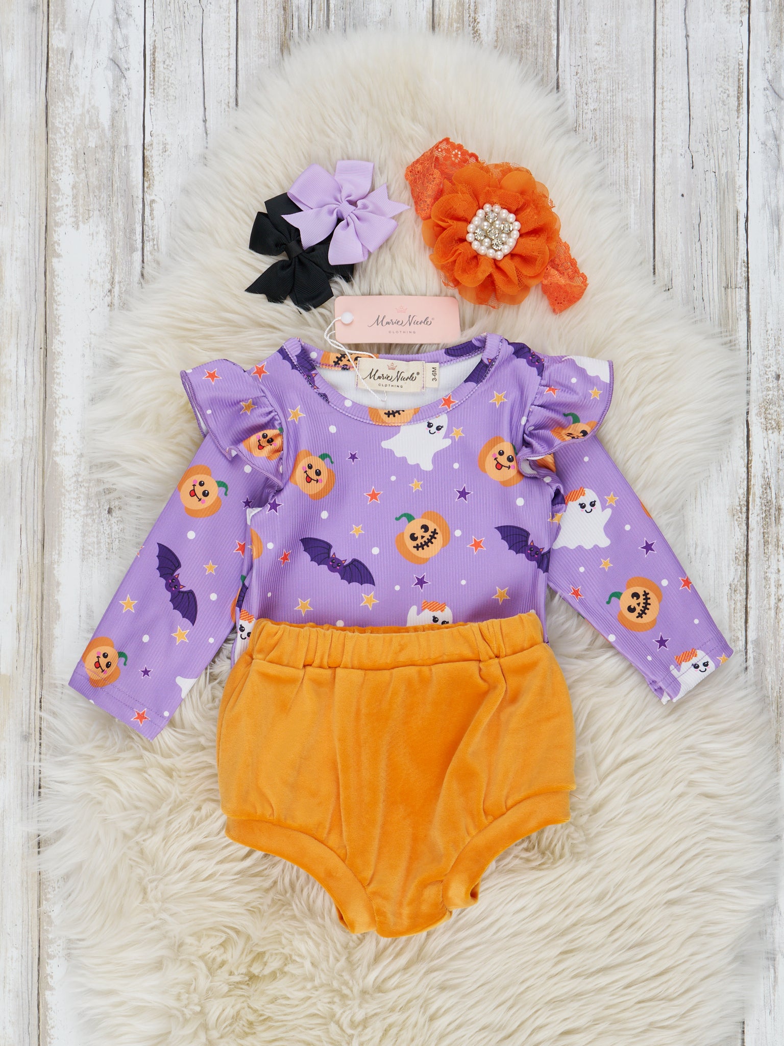 Purple Ghosts & Bats Velvet Bloomers Outfit - Marie Nicole Clothing
