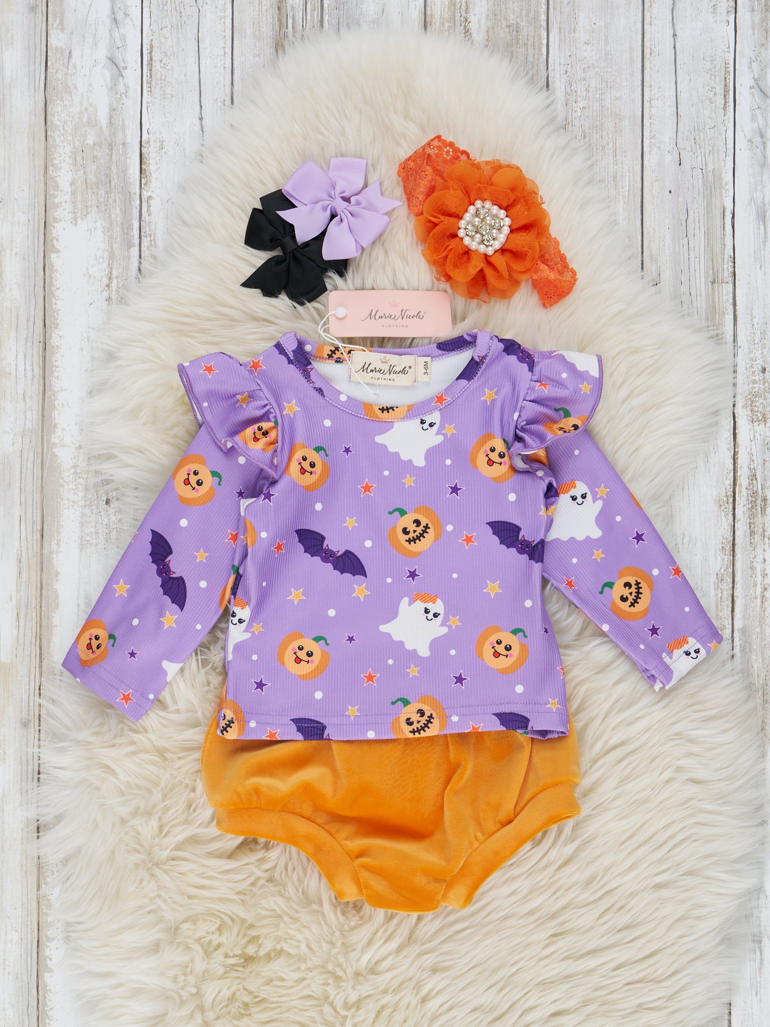 Purple Ghosts & Bats Velvet Bloomers Outfit - Marie Nicole Clothing