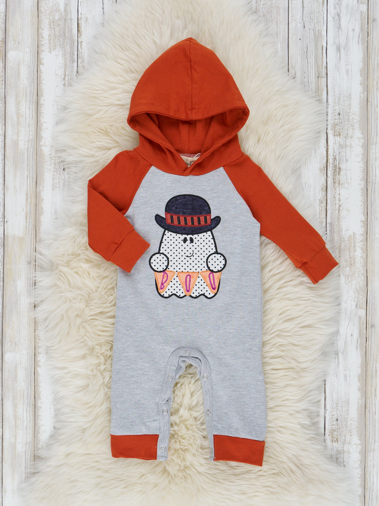 Cinnamon & Heather Grey Embroidered Ghost Romper - Marie Nicole Clothing