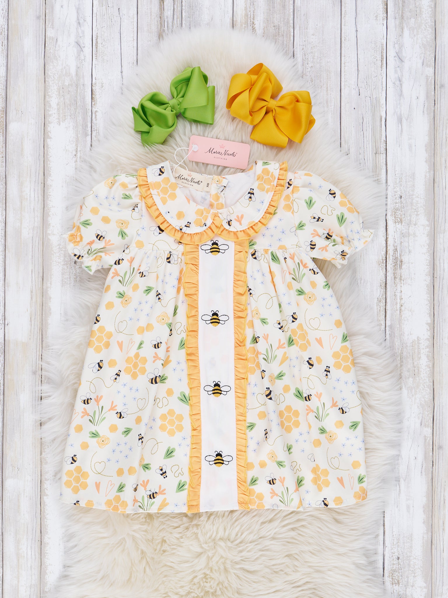 Yellow Embroidered Bee Ruffle Dress - Marie Nicole Clothing