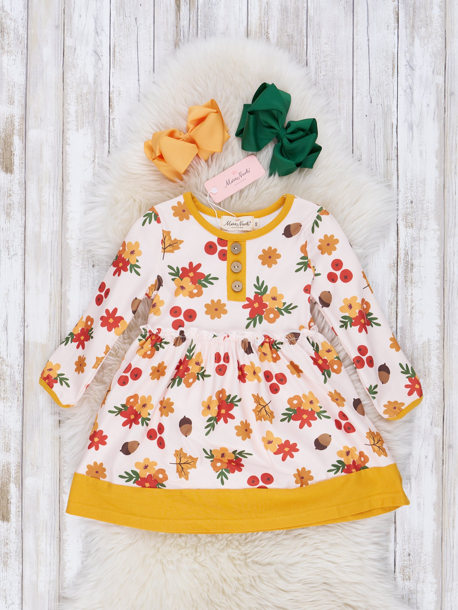Yellow Daisy & Acorn Ruffle Dress - Marie Nicole Clothing