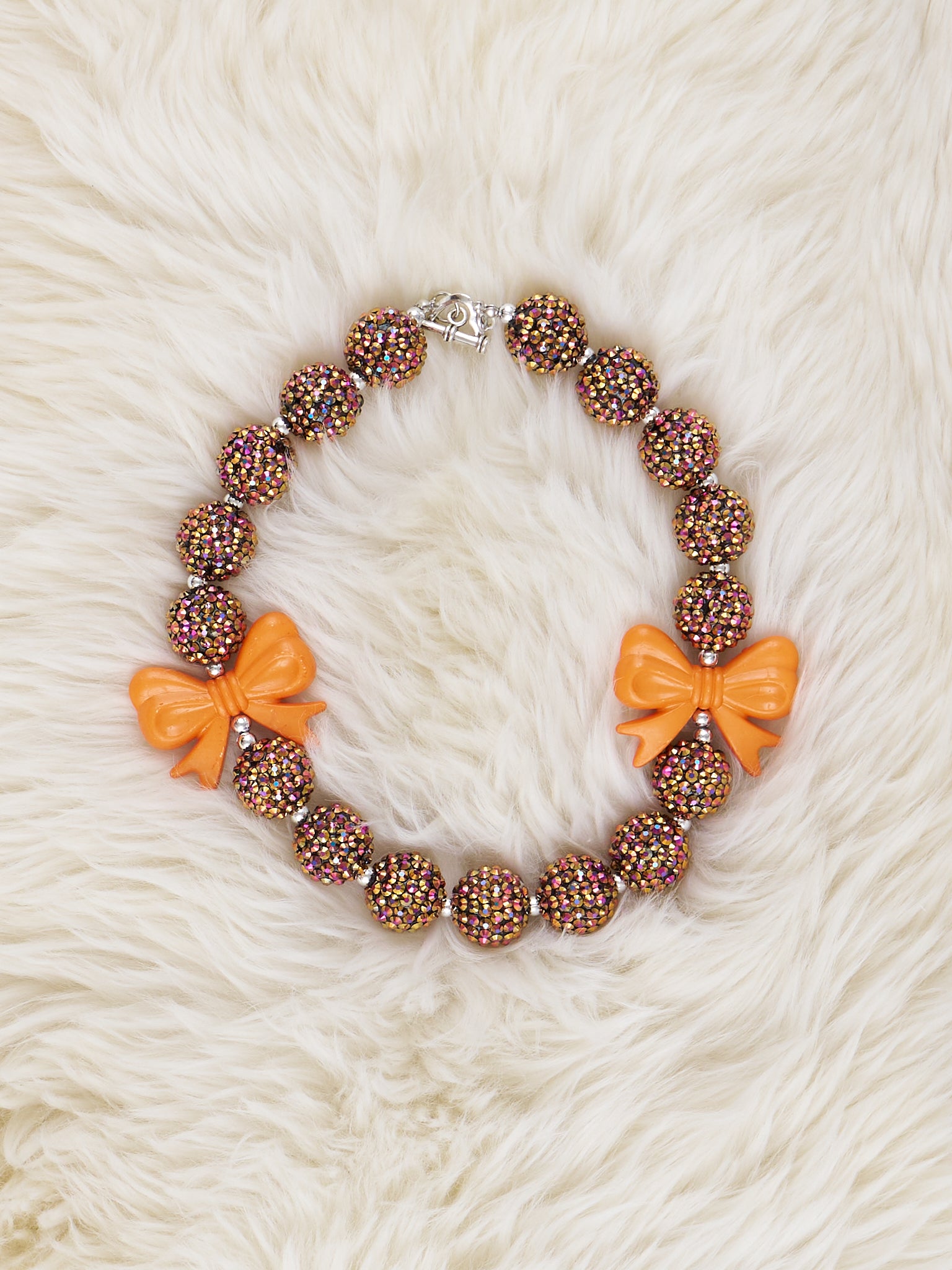 Brown & Orange Bow Charm Bubblegum Necklace - Marie Nicole Clothing