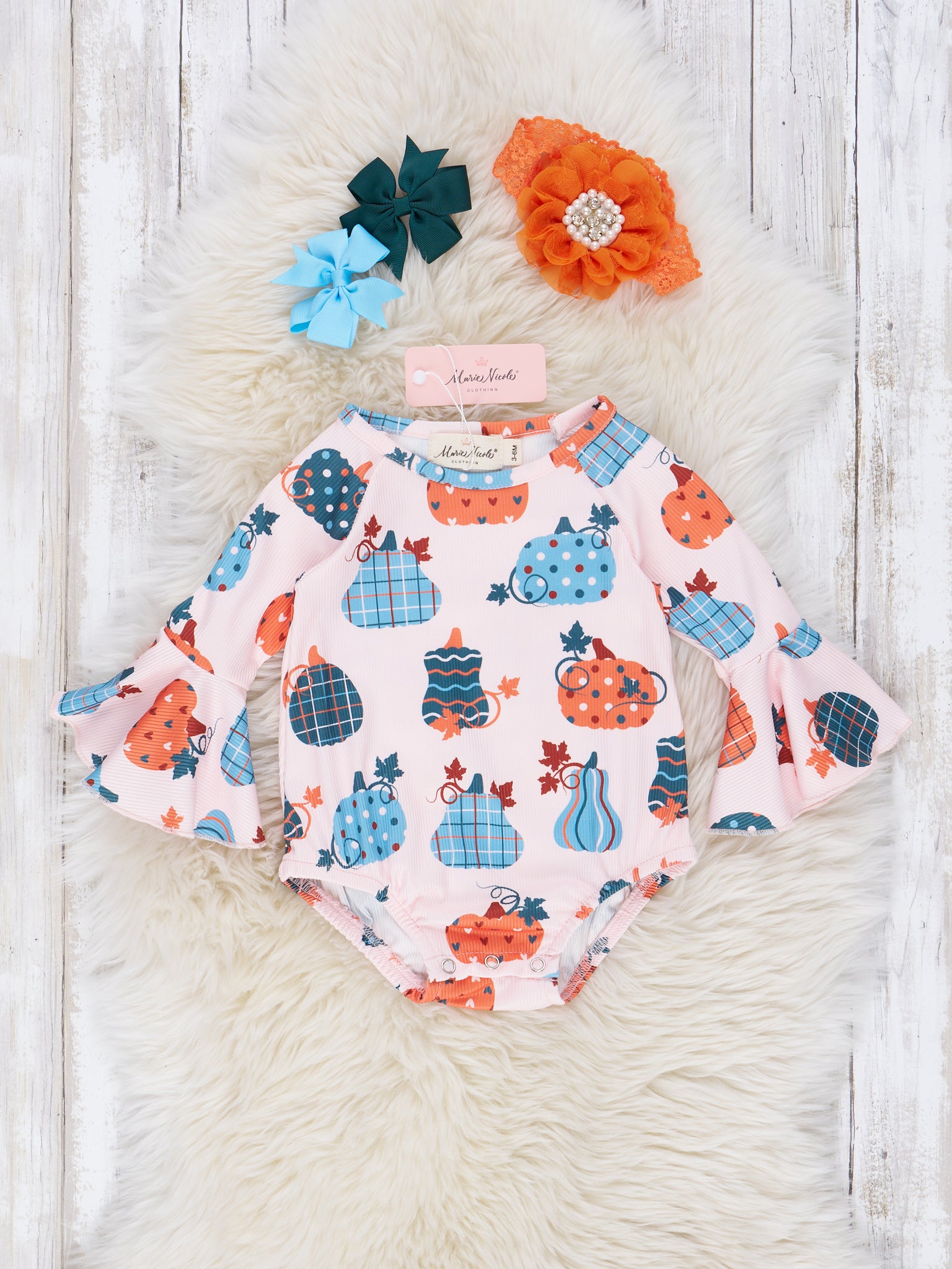 Orange & Cornflower Pumpkin Bell Sleeve Romper - Marie Nicole Clothing