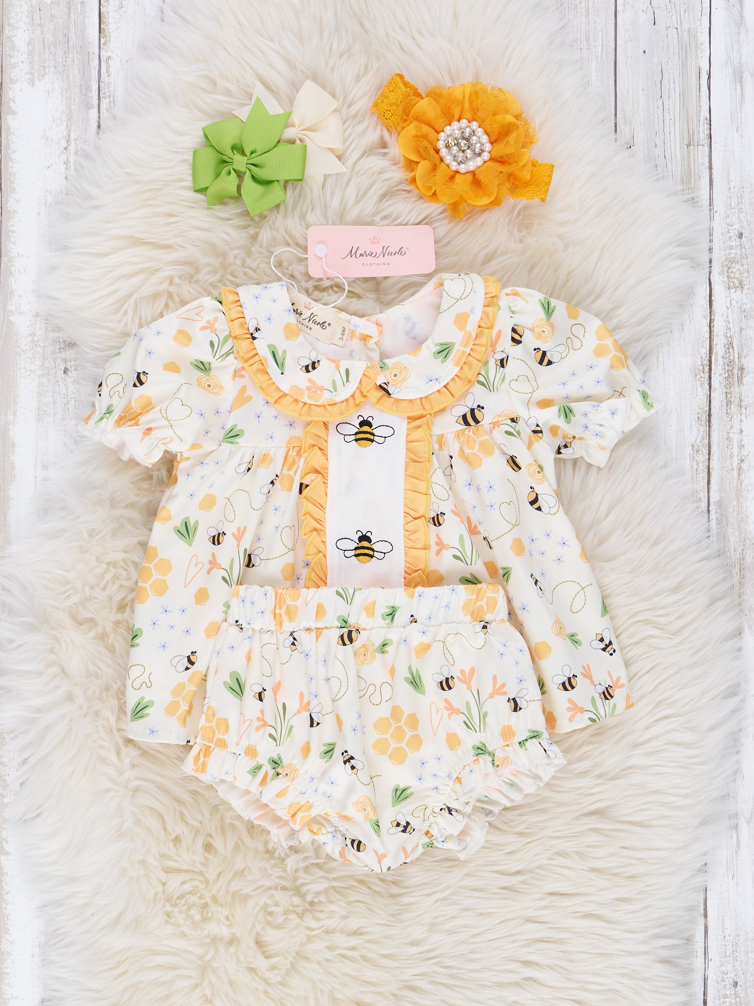 Yellow Embroidered Bee Ruffle Bloomer Outfit - Marie Nicole Clothing