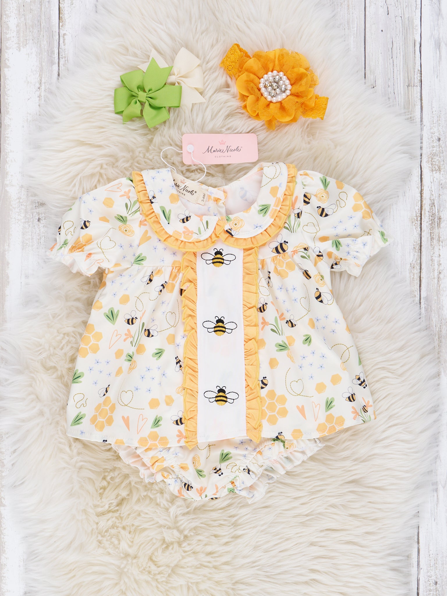 Yellow Embroidered Bee Ruffle Bloomer Outfit - Marie Nicole Clothing