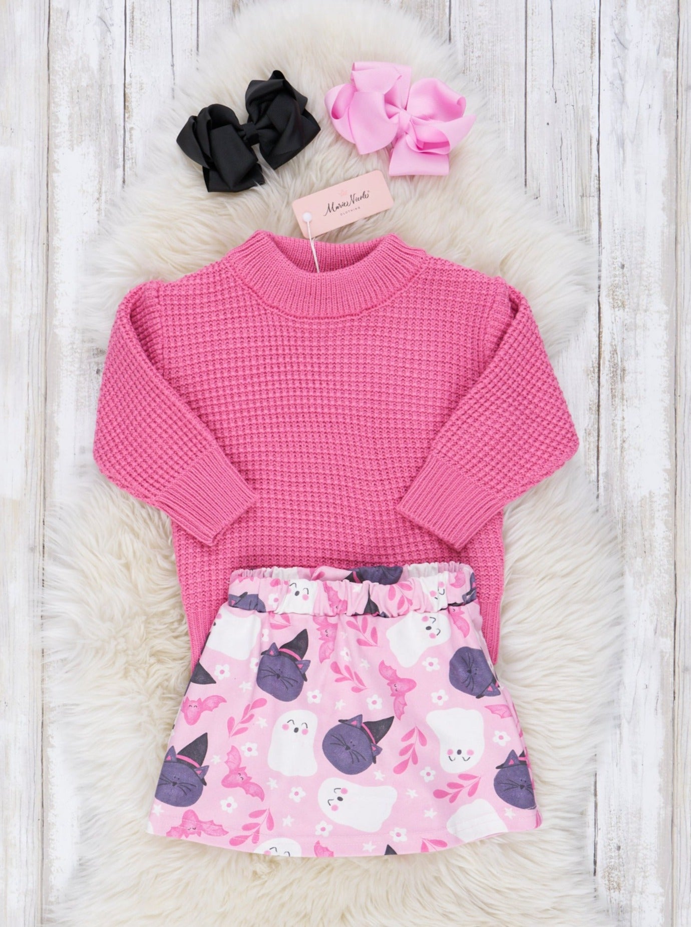 Pink Waffle Knit Sweater & Ghost Skirt Outfit - Marie Nicole Clothing