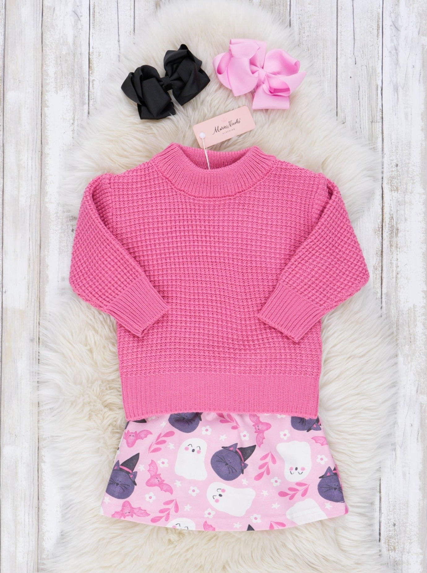 Pink Waffle Knit Sweater & Ghost Skirt Outfit - Marie Nicole Clothing