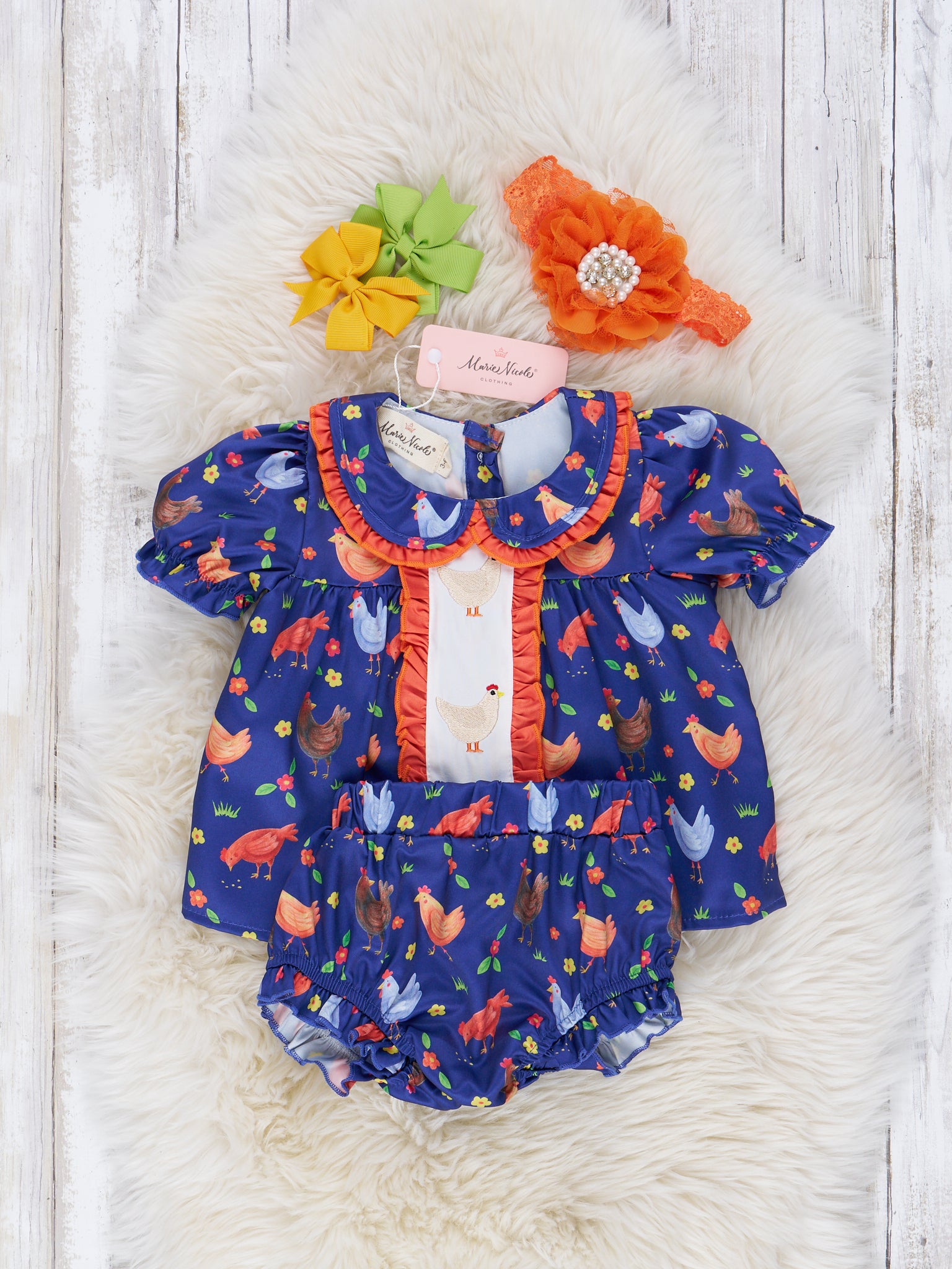 Navy & Orange Embroidered Chicken Ruffle Bloomer Outfit - Marie Nicole Clothing