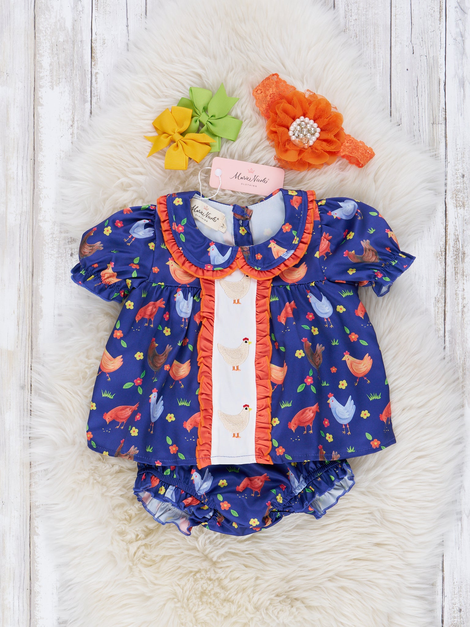 Navy & Orange Embroidered Chicken Ruffle Bloomer Outfit - Marie Nicole Clothing