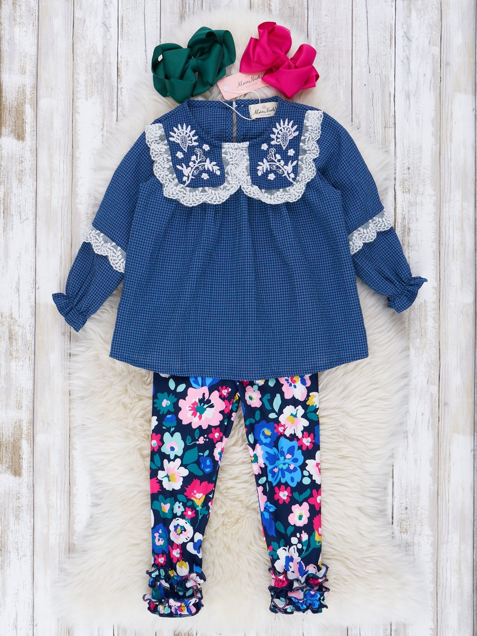 Chambray Embroidered Watercolor Floral Ruffle Outfit - Marie Nicole Clothing