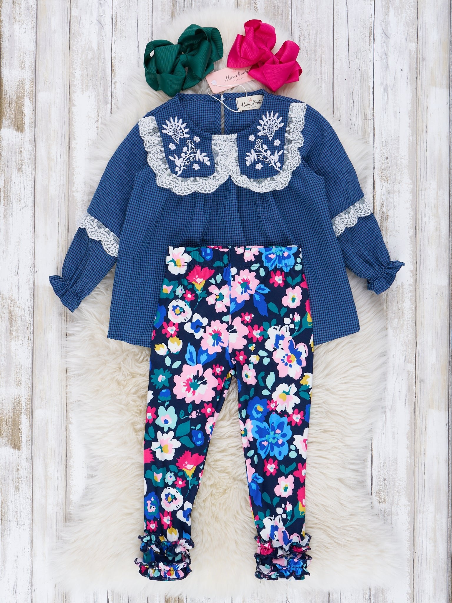 Chambray Embroidered Watercolor Floral Ruffle Outfit - Marie Nicole Clothing