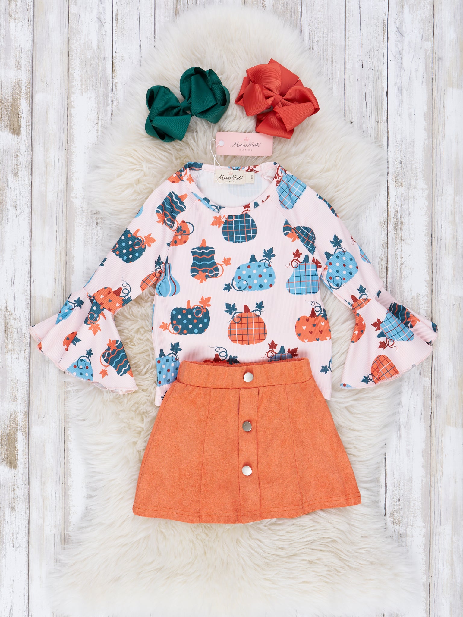 Orange & Cornflower Pumpkin Bell Sleeve Outfit - Marie Nicole Clothing
