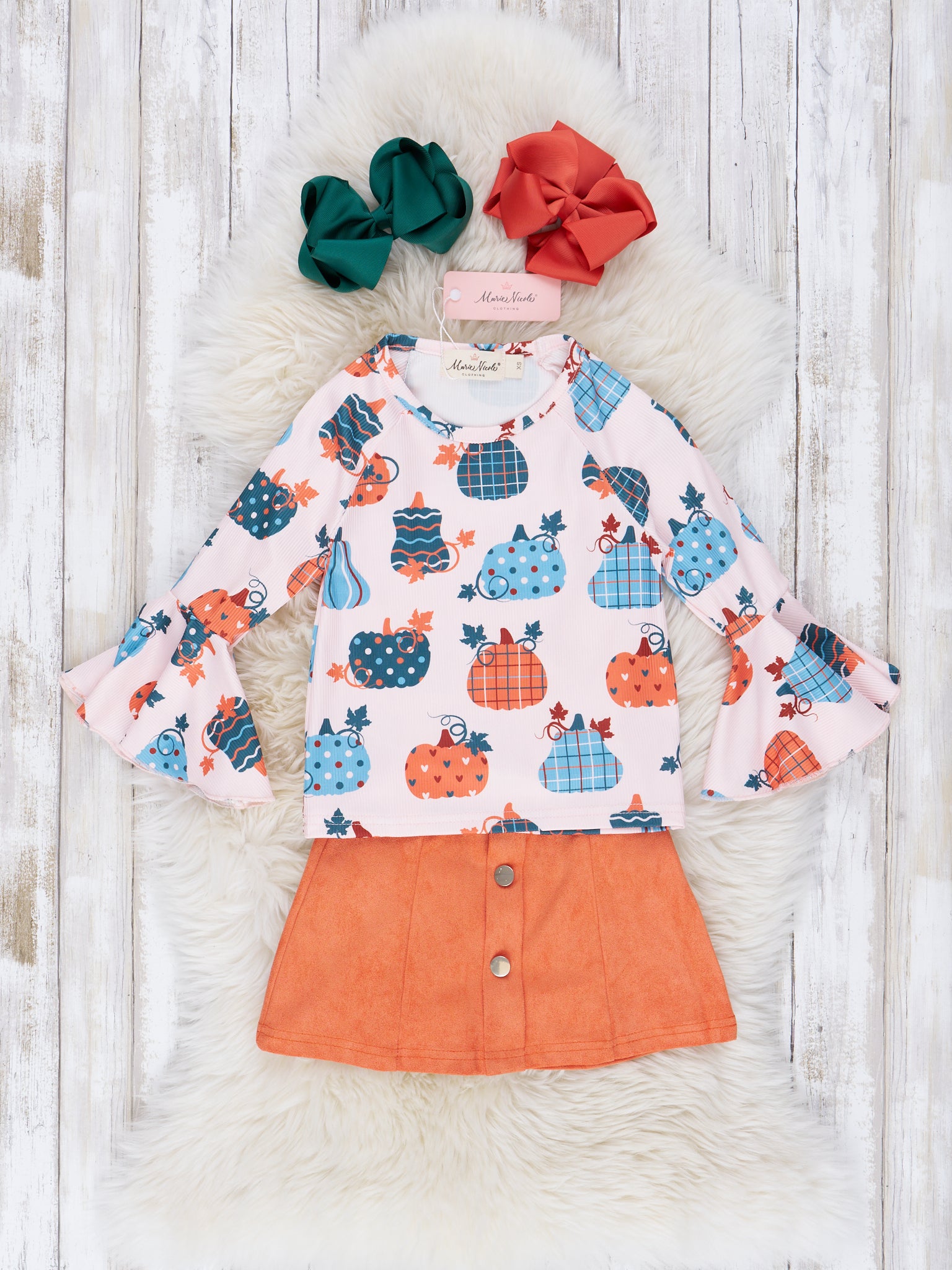 Orange & Cornflower Pumpkin Bell Sleeve Outfit - Marie Nicole Clothing