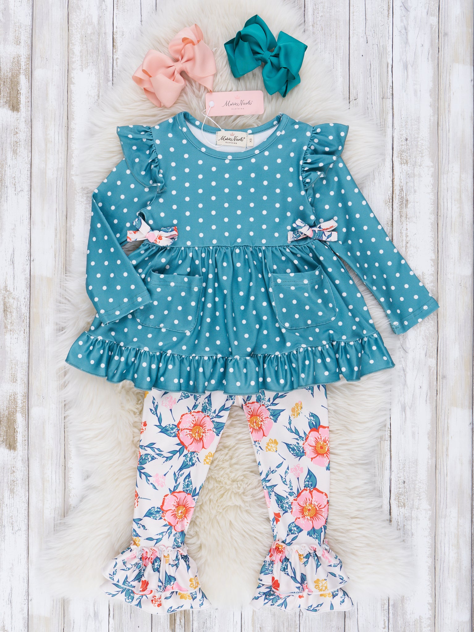 Dark Teal Polka Dot & Floral Ruffle Outfit - Marie Nicole Clothing