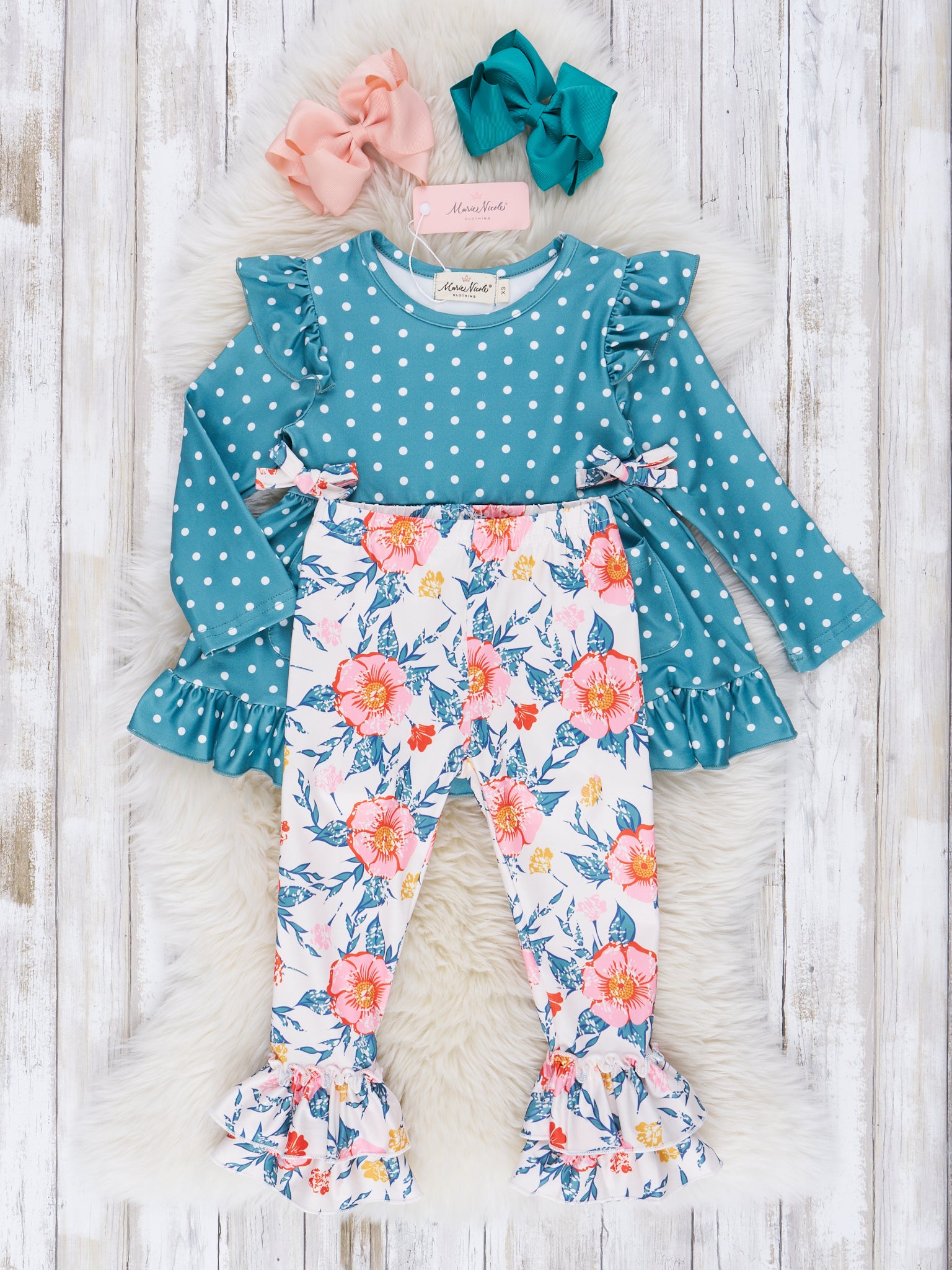 Dark Teal Polka Dot & Floral Ruffle Outfit - Marie Nicole Clothing