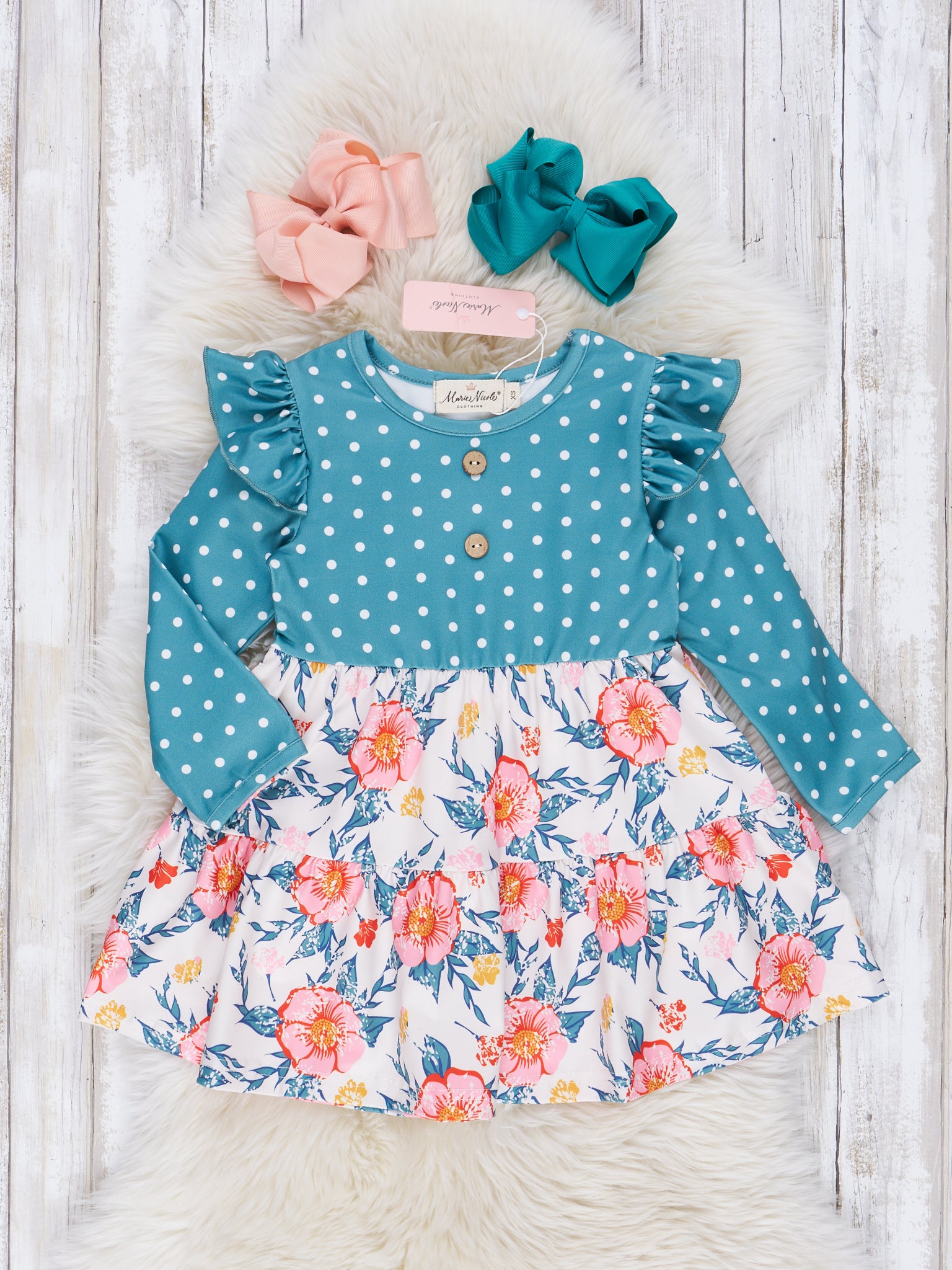 Dark Teal Polka Dot & Floral Ruffle Dress - Marie Nicole Clothing