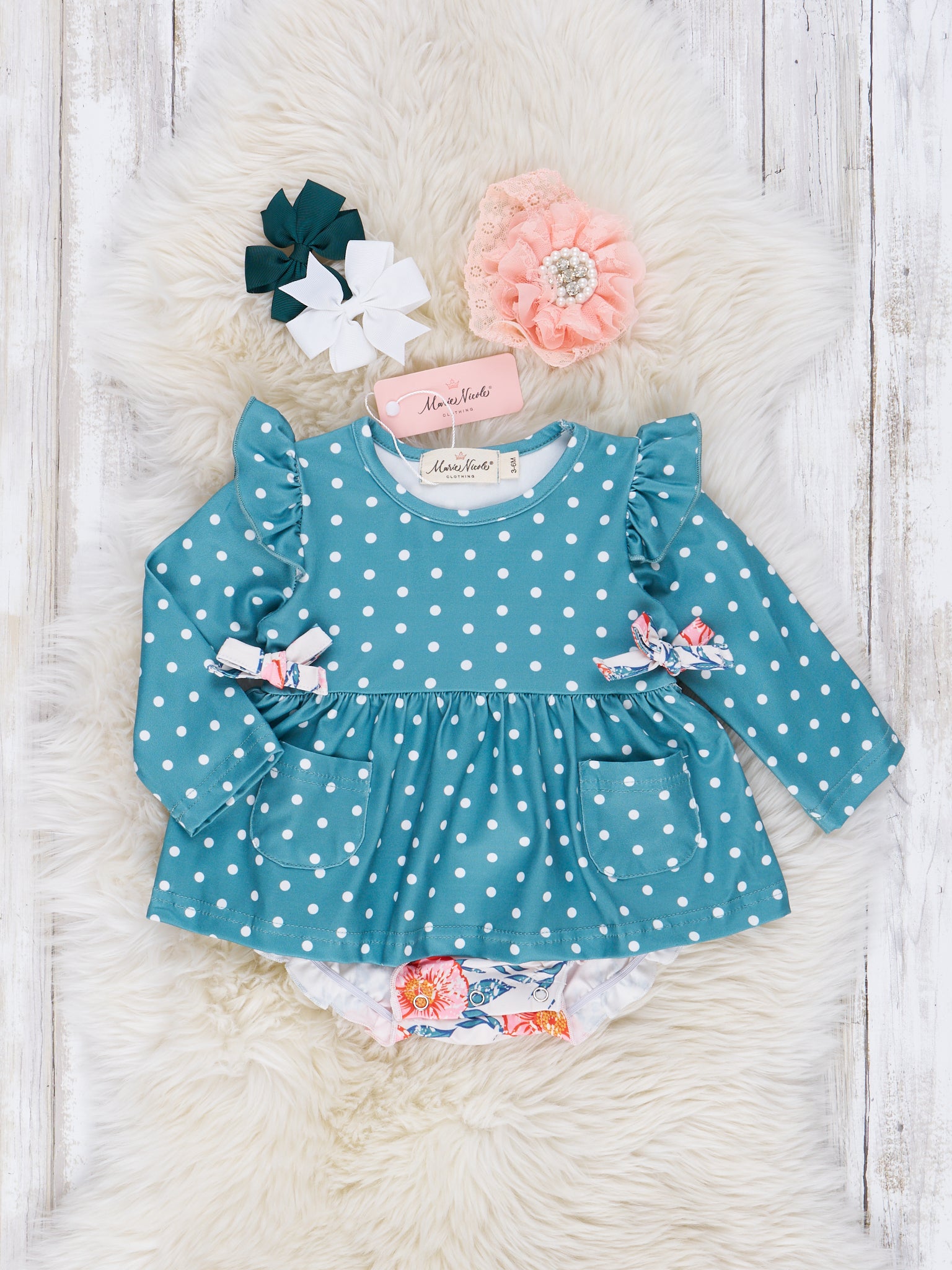 Dark Teal Polka Dot & Floral Ruffle Bubble Romper - Marie Nicole Clothing