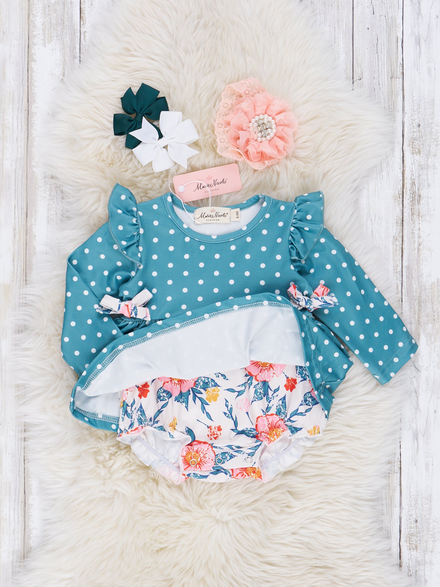 Dark Teal Polka Dot & Floral Ruffle Bubble Romper - Marie Nicole Clothing