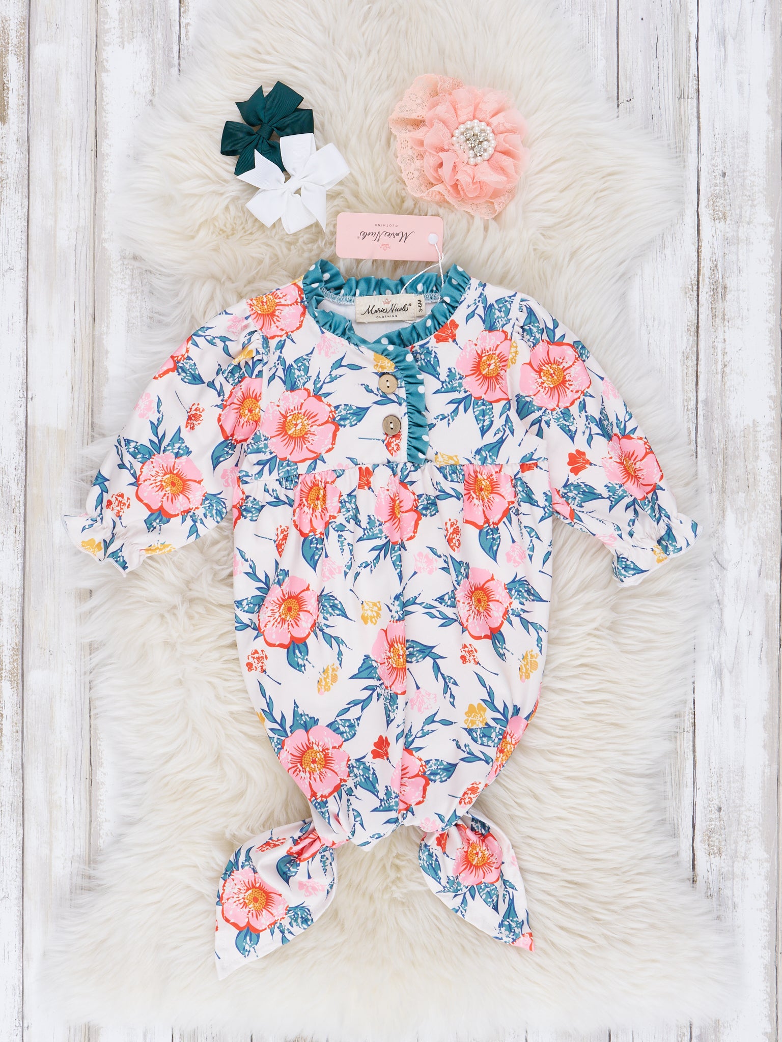 Dark Teal Polka Dot & Floral Knot Gown - Marie Nicole Clothing