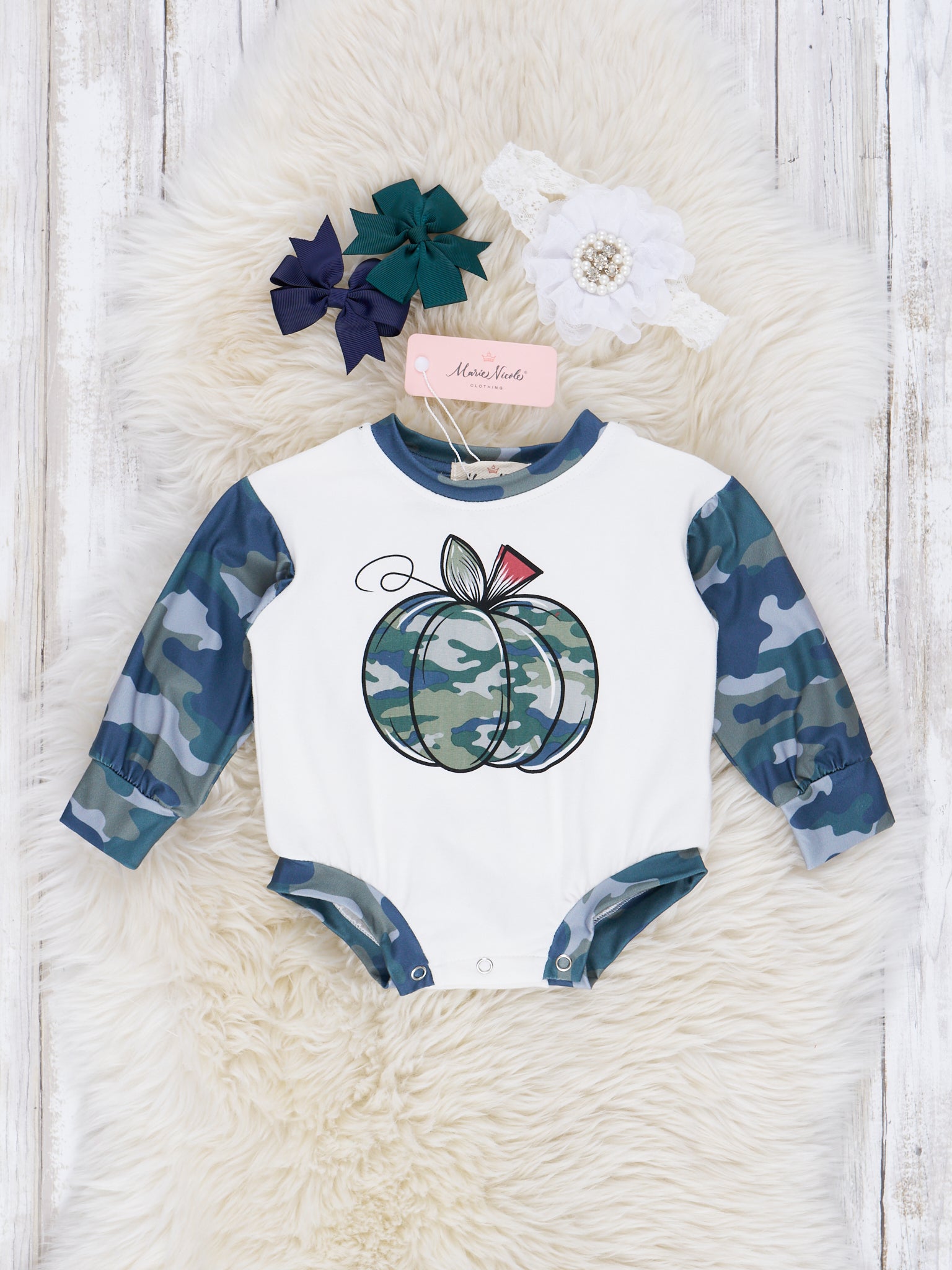 Green & Grey Camoflauge Pumpkin Romper - Marie Nicole Clothing