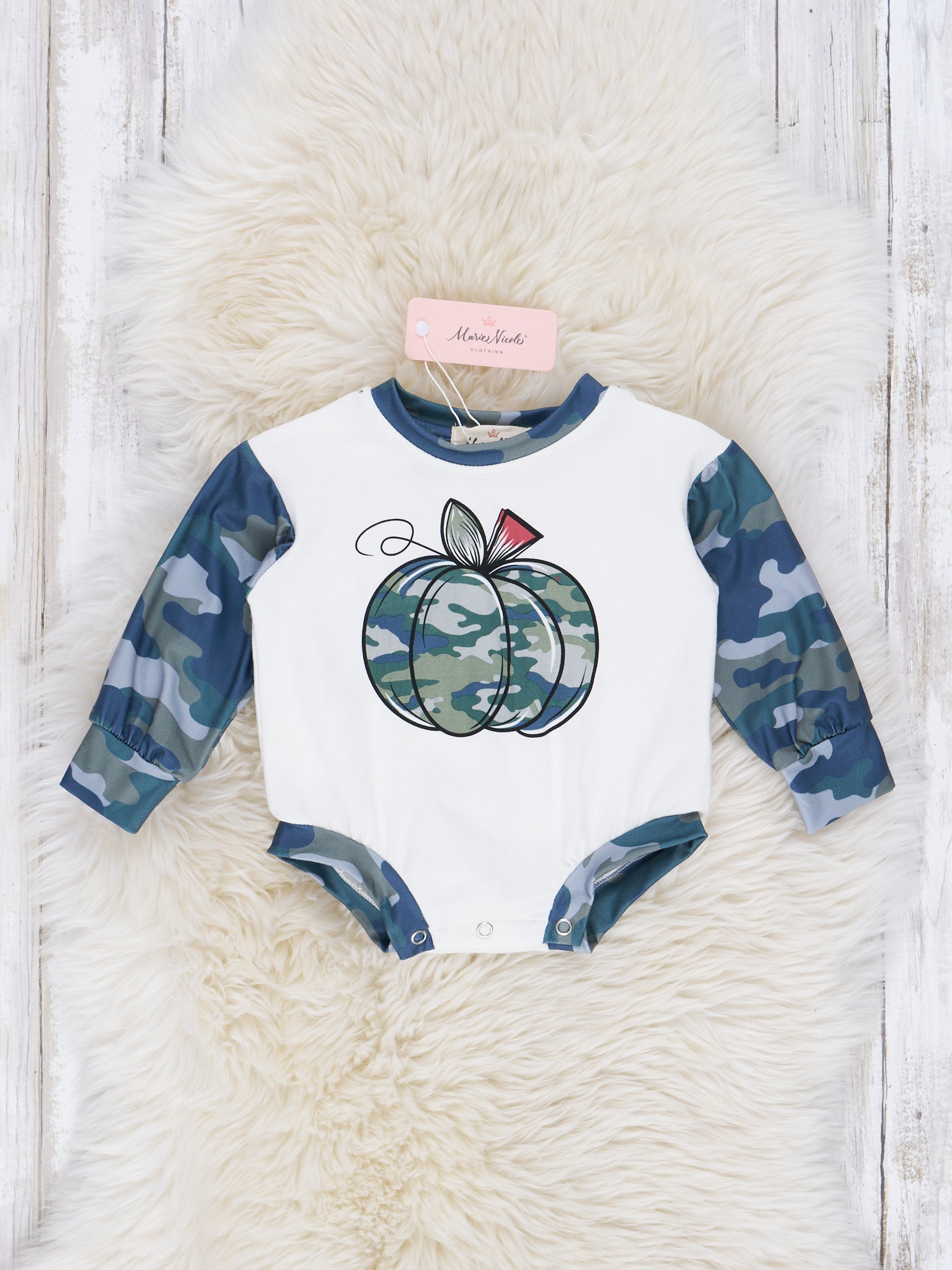 Green & Grey Camoflauge Pumpkin Romper - Marie Nicole Clothing