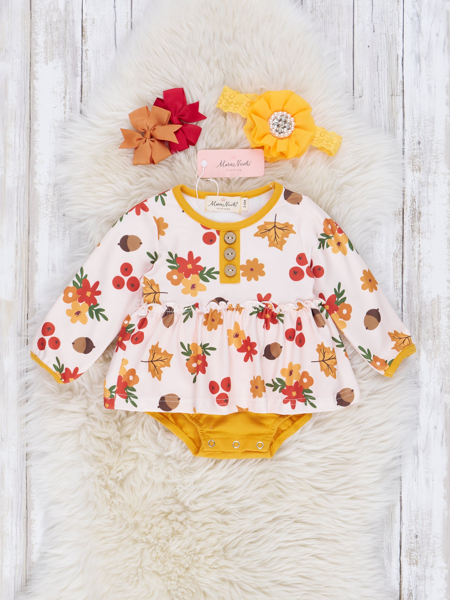 Yellow Daisy & Acorn Ruffle Romper - Marie Nicole Clothing