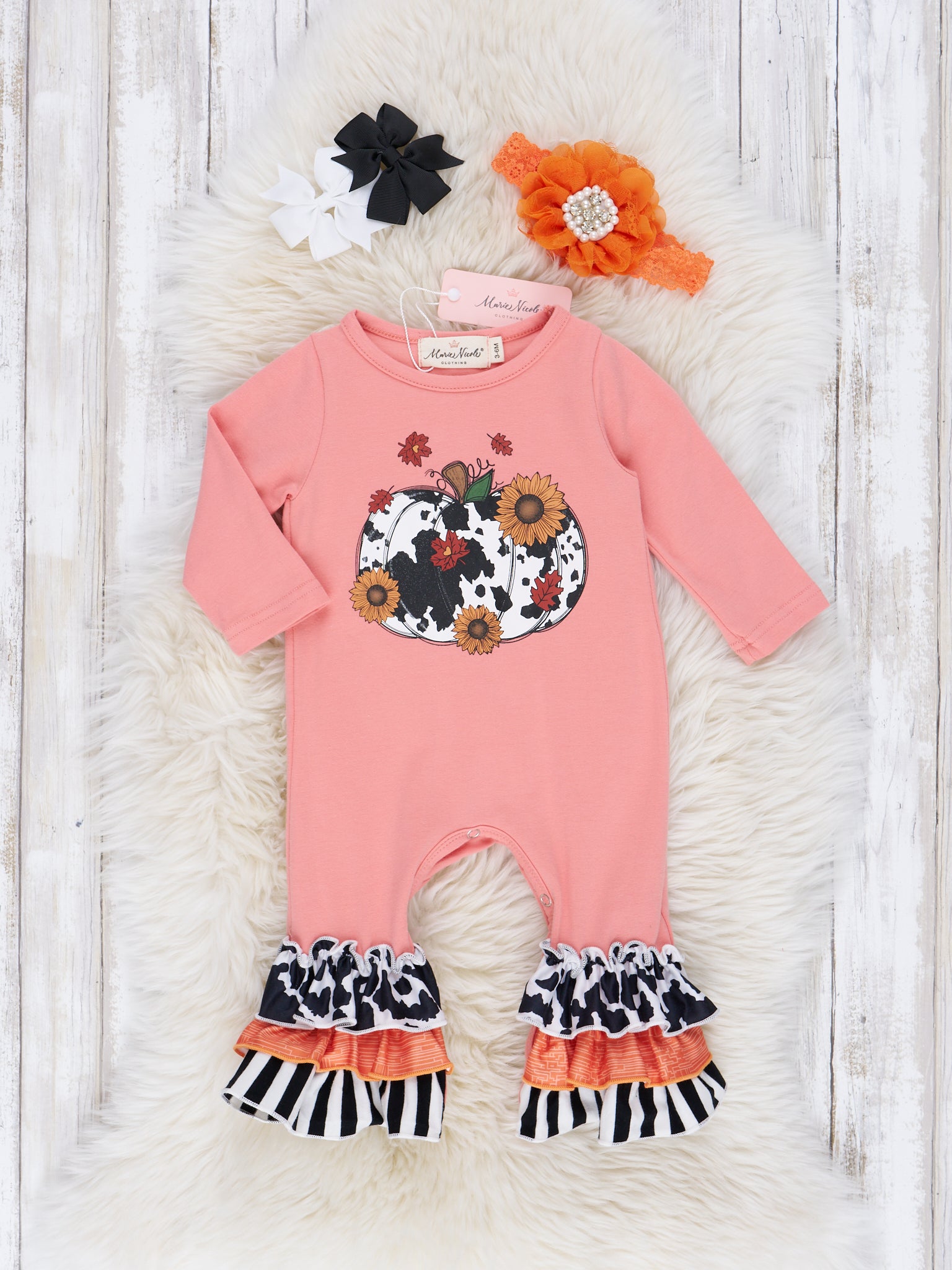 Coral Cow Print Pumpkin Ruffle Romper - Marie Nicole Clothing