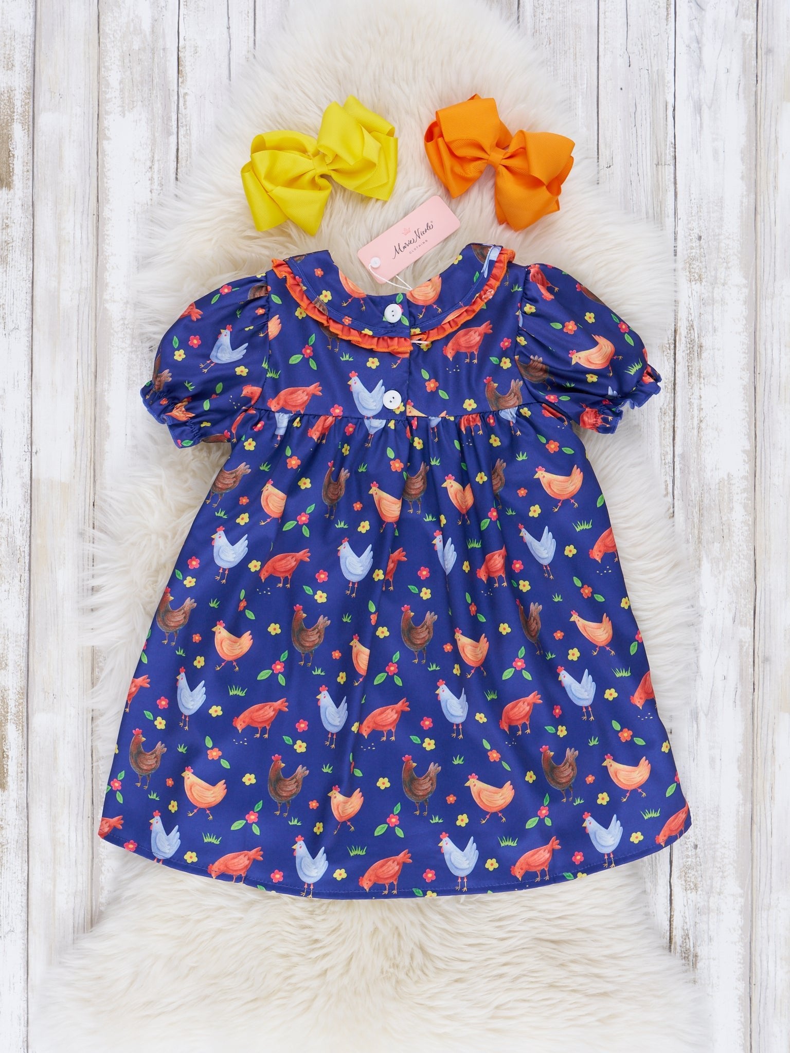 Navy & Orange Embroidered Chicken Ruffle Dress - Marie Nicole Clothing