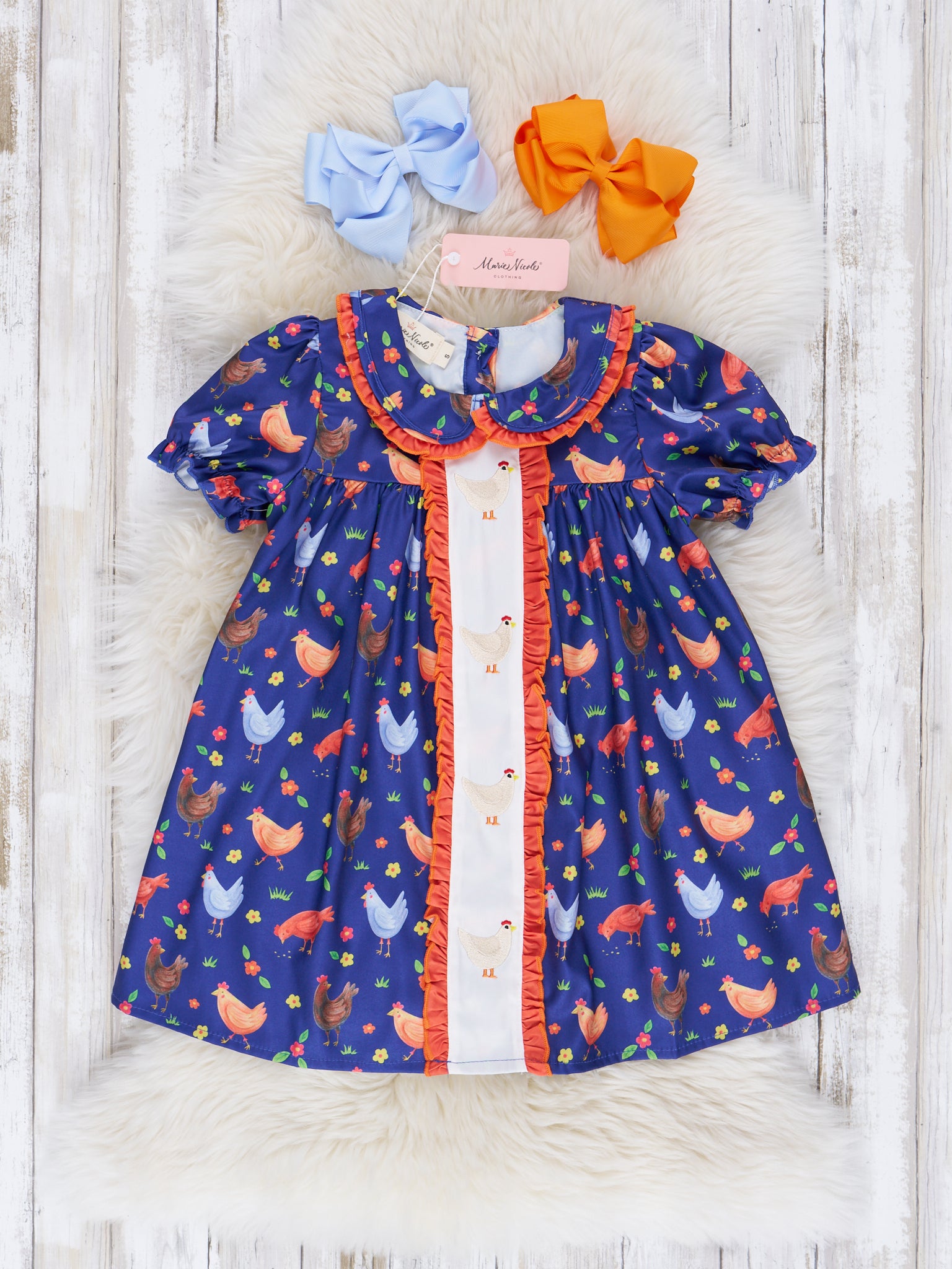 Navy & Orange Embroidered Chicken Ruffle Dress - Marie Nicole Clothing