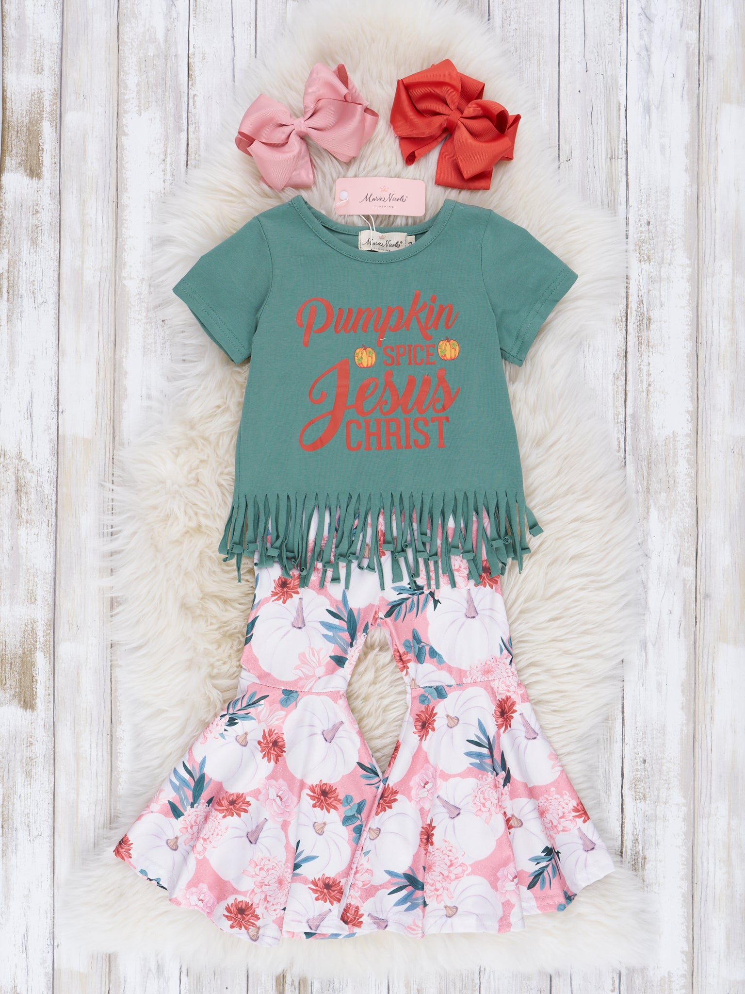 Olive Green Pumpkin Spice Fringe Bell Bottom Outfit - Marie Nicole Clothing