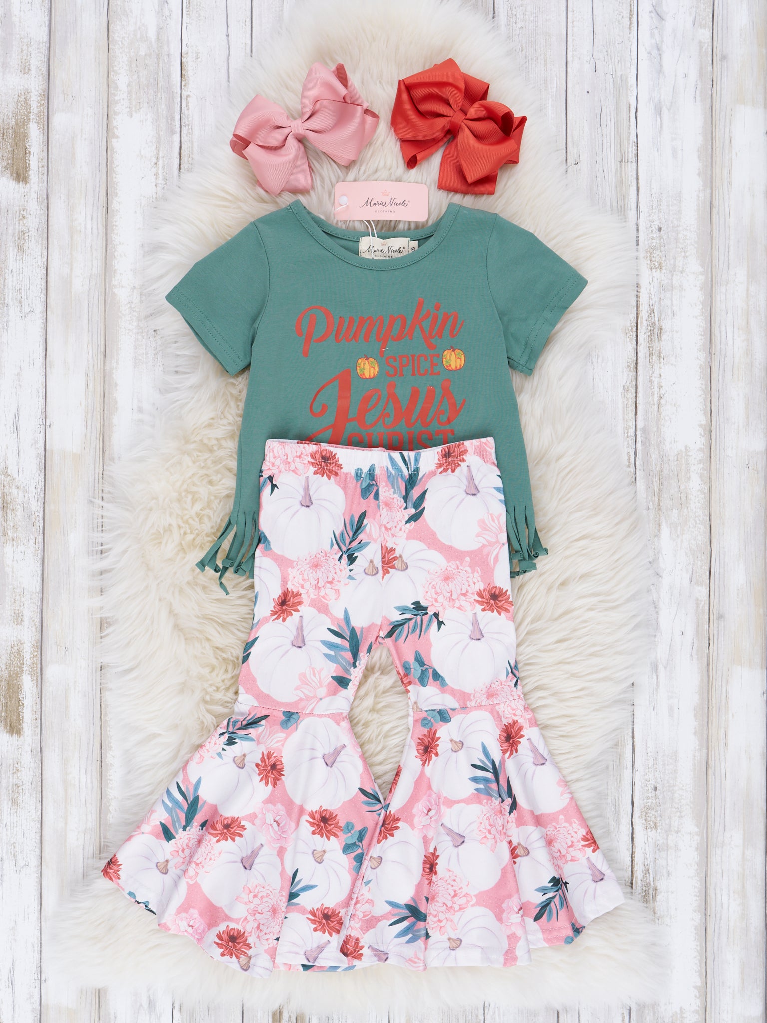 Olive Green Pumpkin Spice Fringe Bell Bottom Outfit - Marie Nicole Clothing