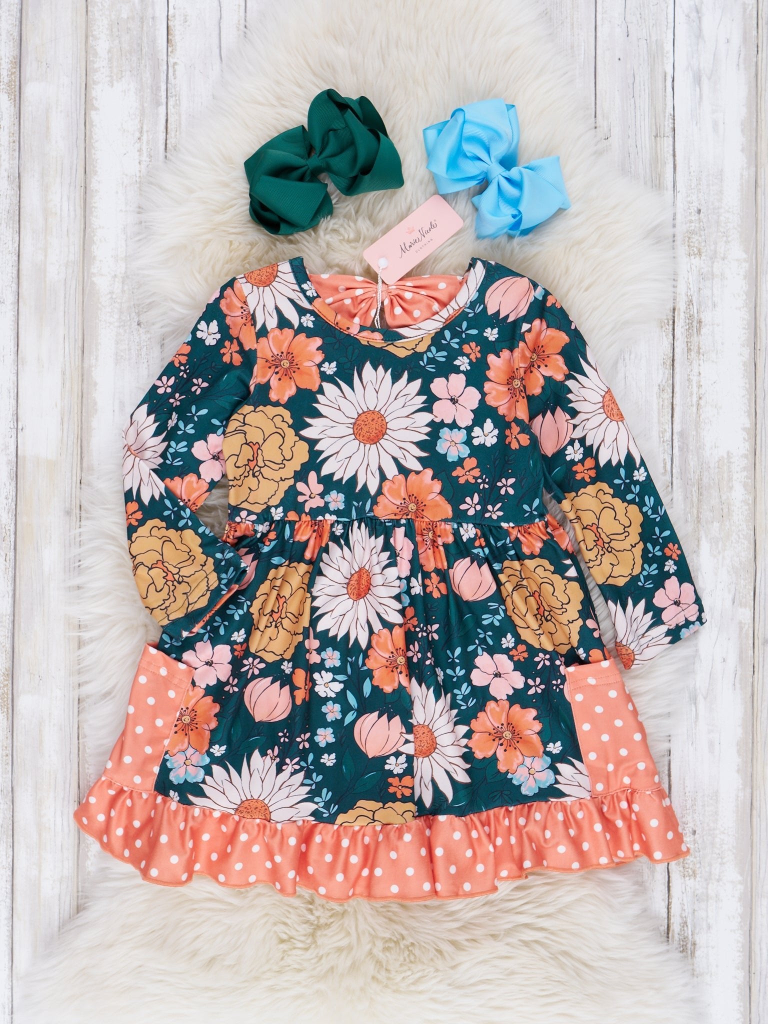 Forest Green Marigold Blooms Ruffle Dress - Marie Nicole Clothing