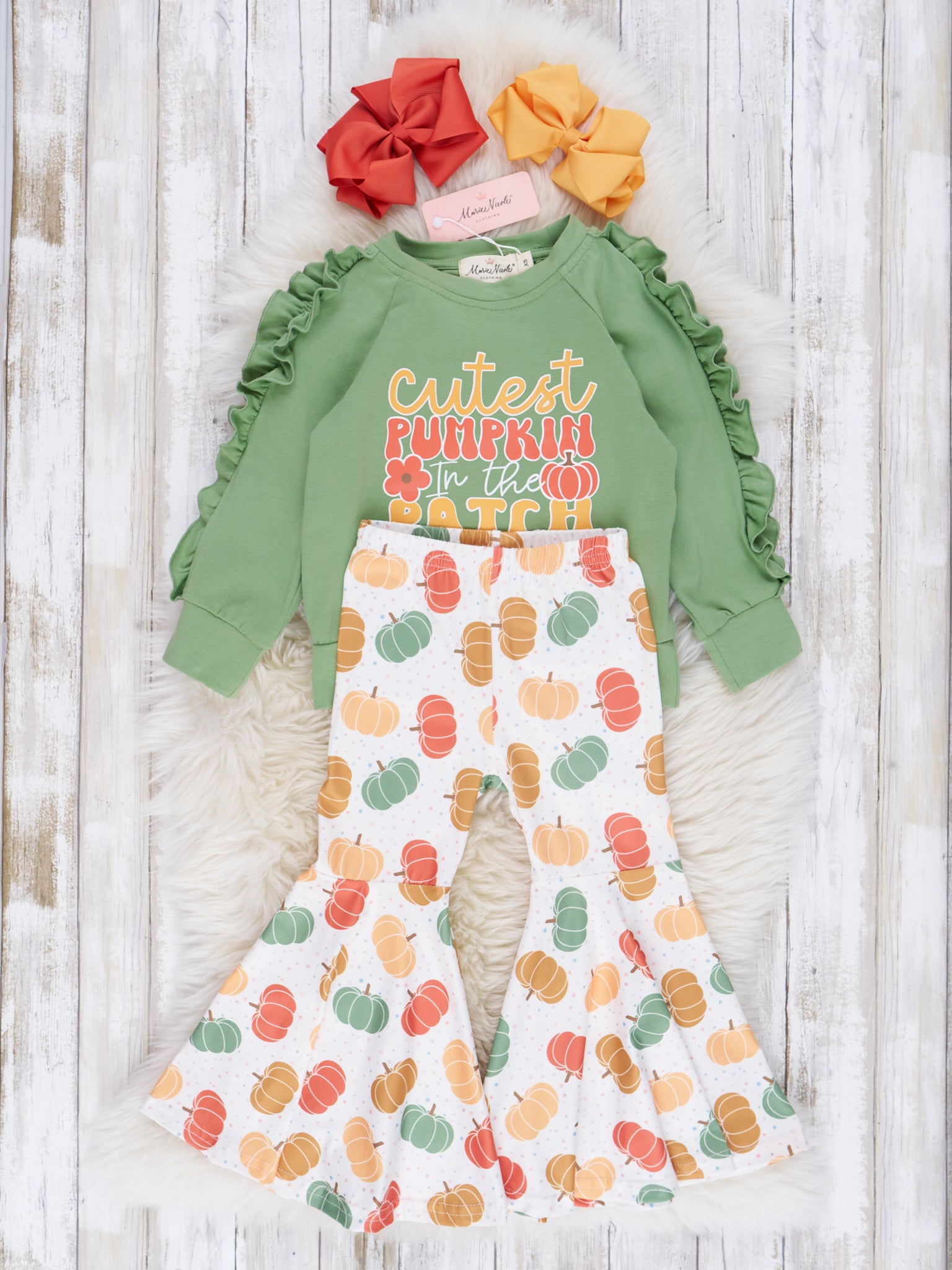 Green & Yellow Cute Pumpkin Bell Bottom Outfit - Marie Nicole Clothing