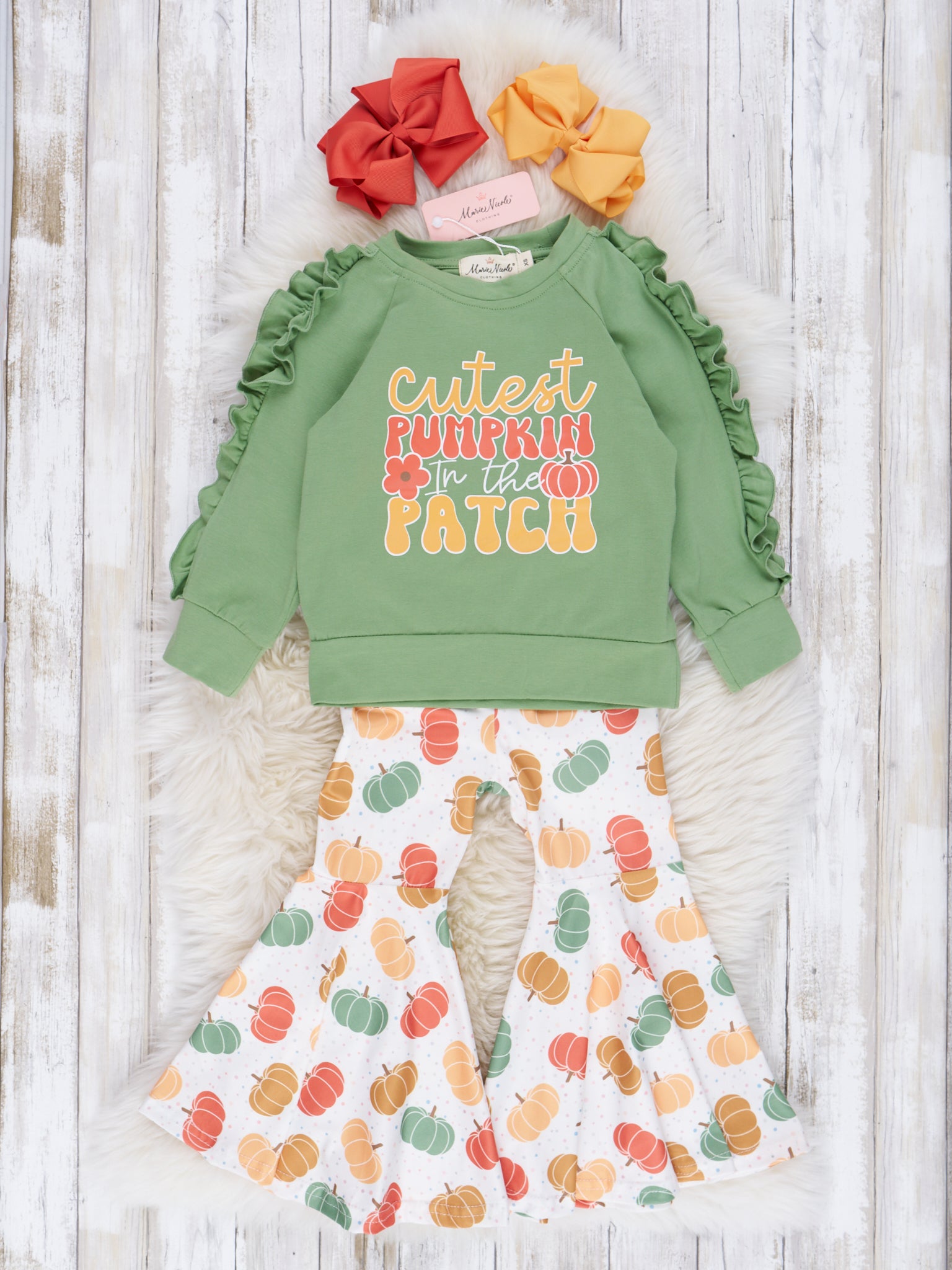Green & Yellow Cute Pumpkin Bell Bottom Outfit - Marie Nicole Clothing