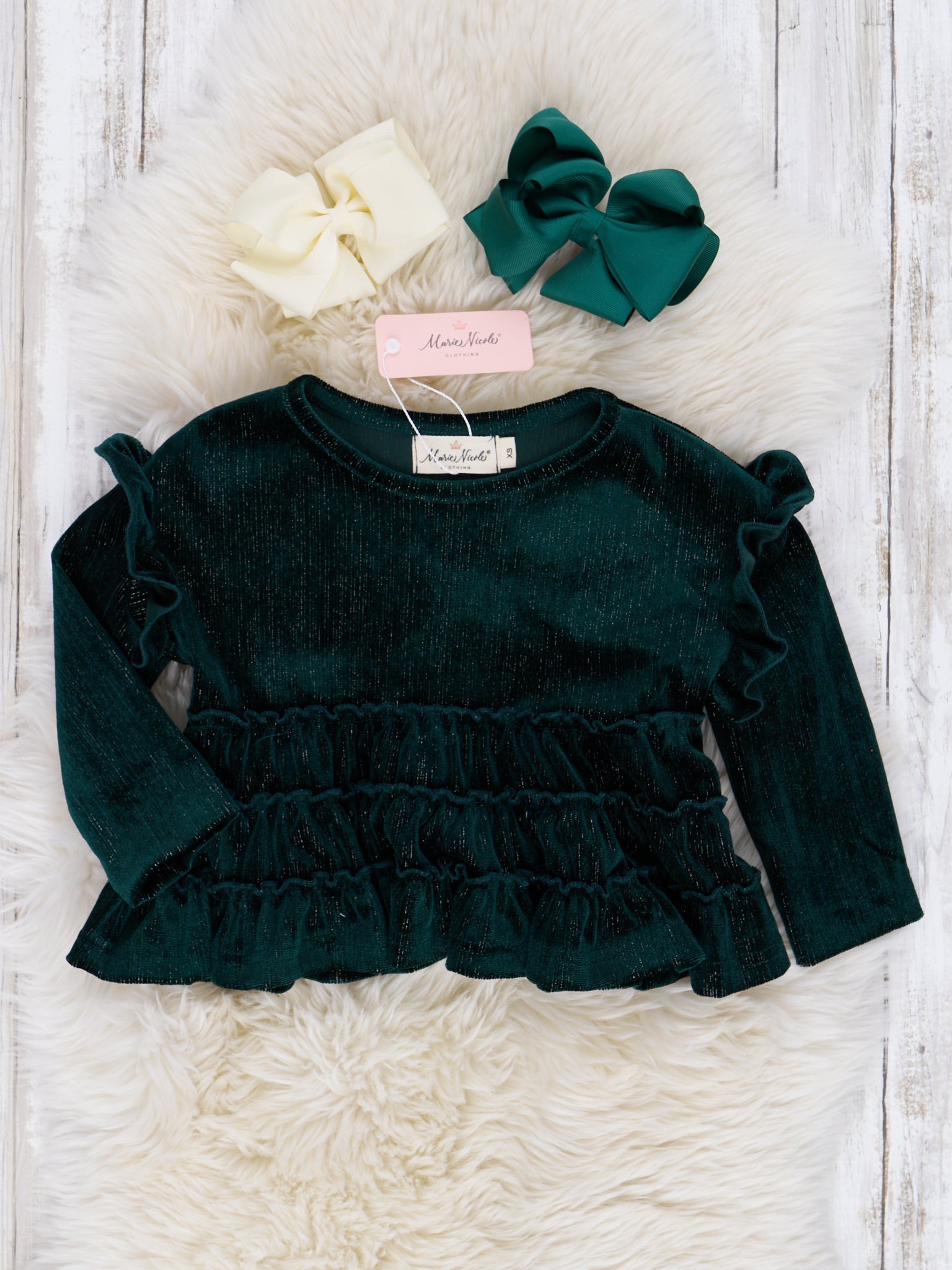 Deep Green Mom & Me Velvet Ruffle Shirt - Marie Nicole Clothing