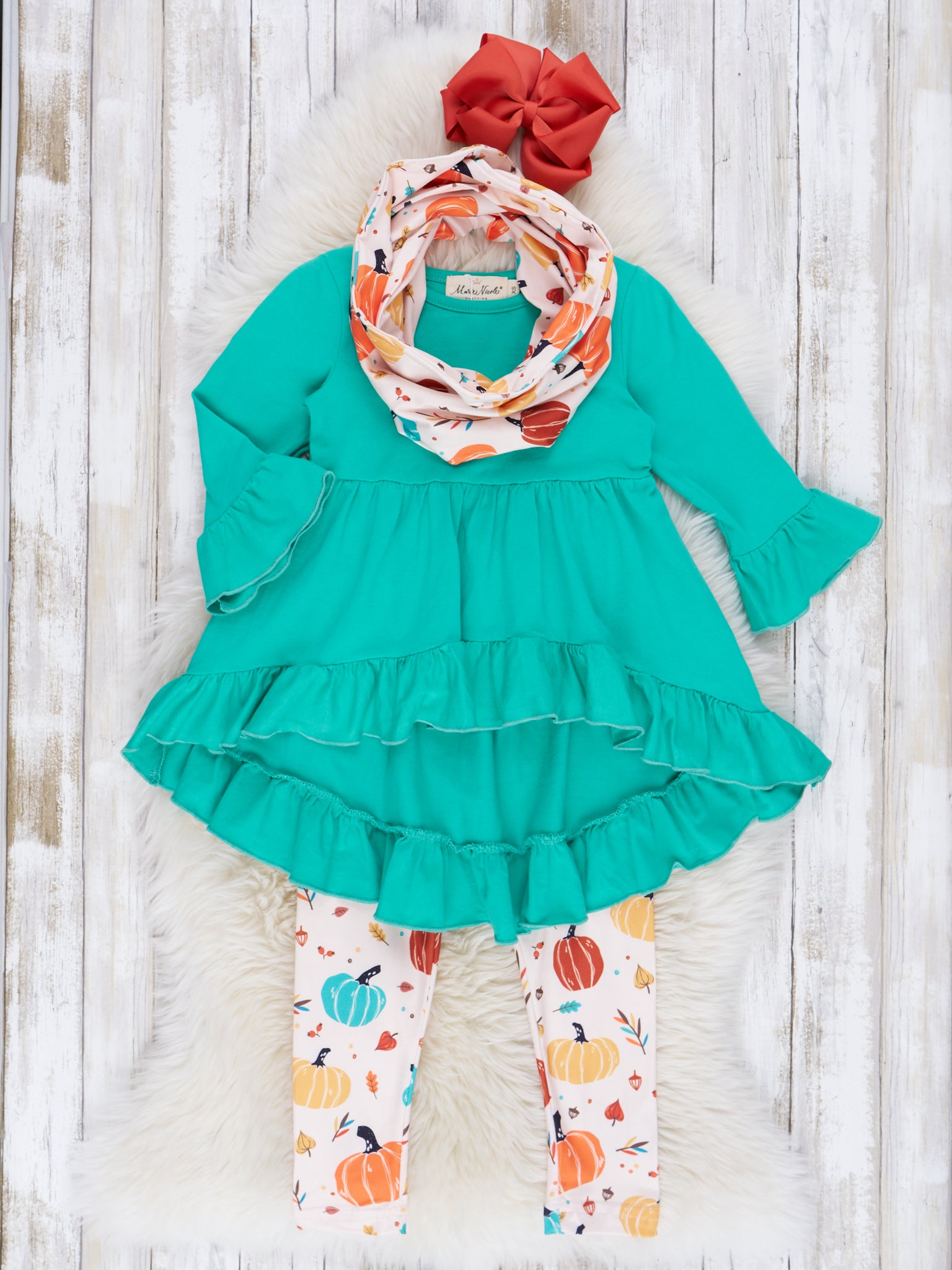 Teal Pumpkin Ruffle Scarf Outfit - Marie Nicole Clothing