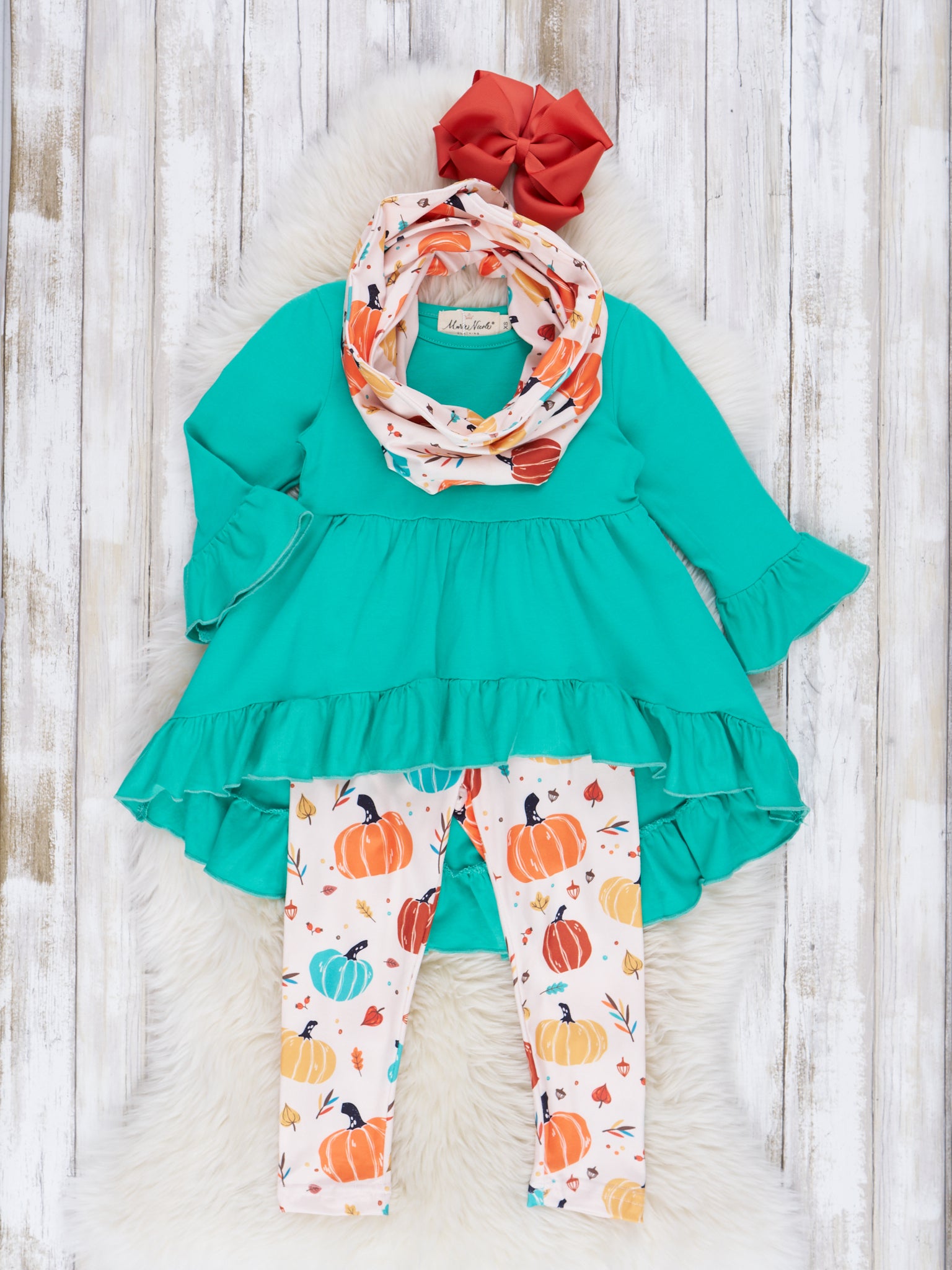 Teal Pumpkin Ruffle Scarf Outfit - Marie Nicole Clothing
