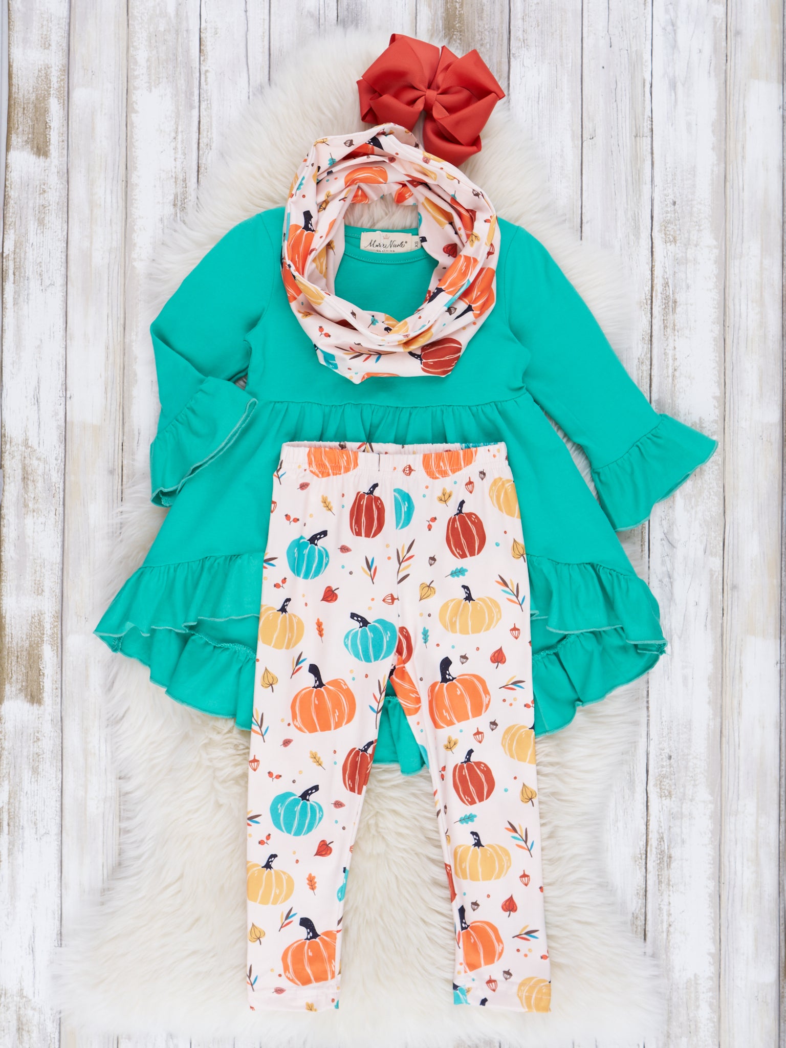 Teal Pumpkin Ruffle Scarf Outfit - Marie Nicole Clothing