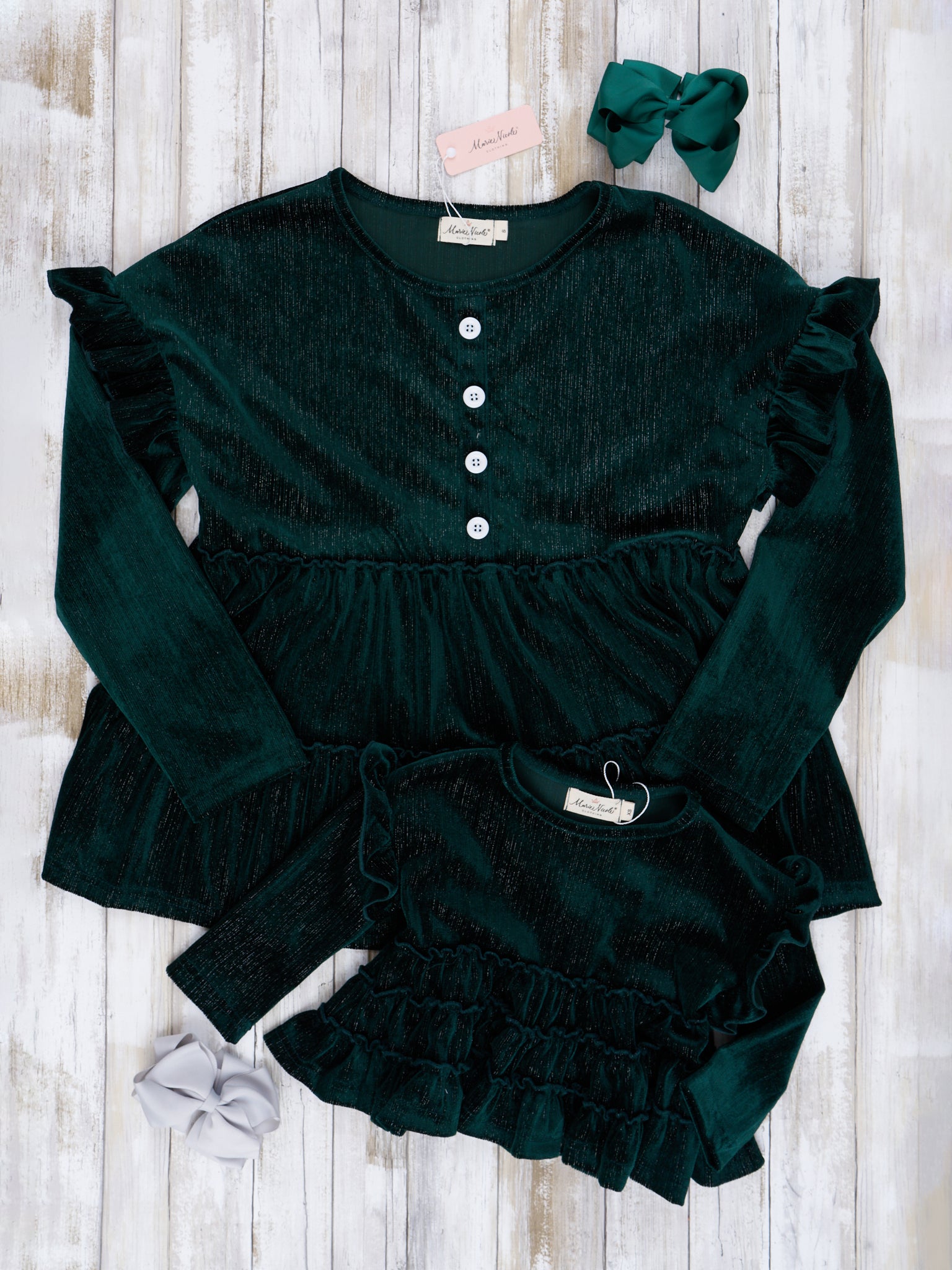 Deep Green Mom & Me Velvet Ruffle Shirt - Marie Nicole Clothing