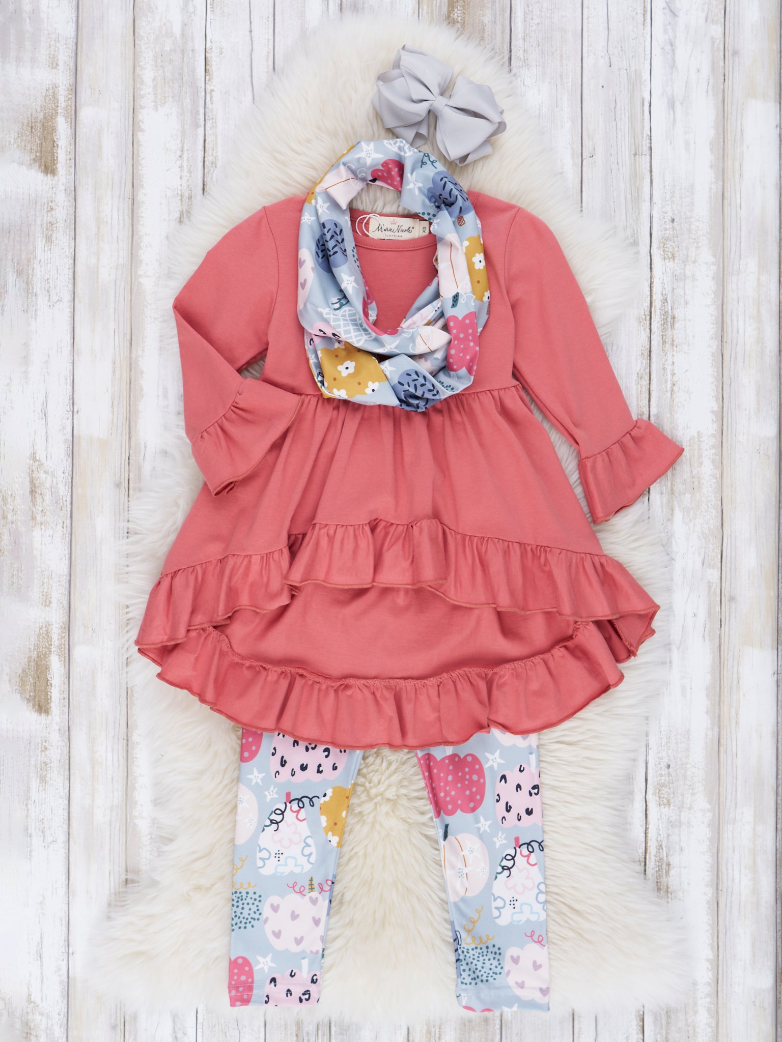 Deep Rose Doodle Pumpkin Ruffle Scarf Outfit - Marie Nicole Clothing