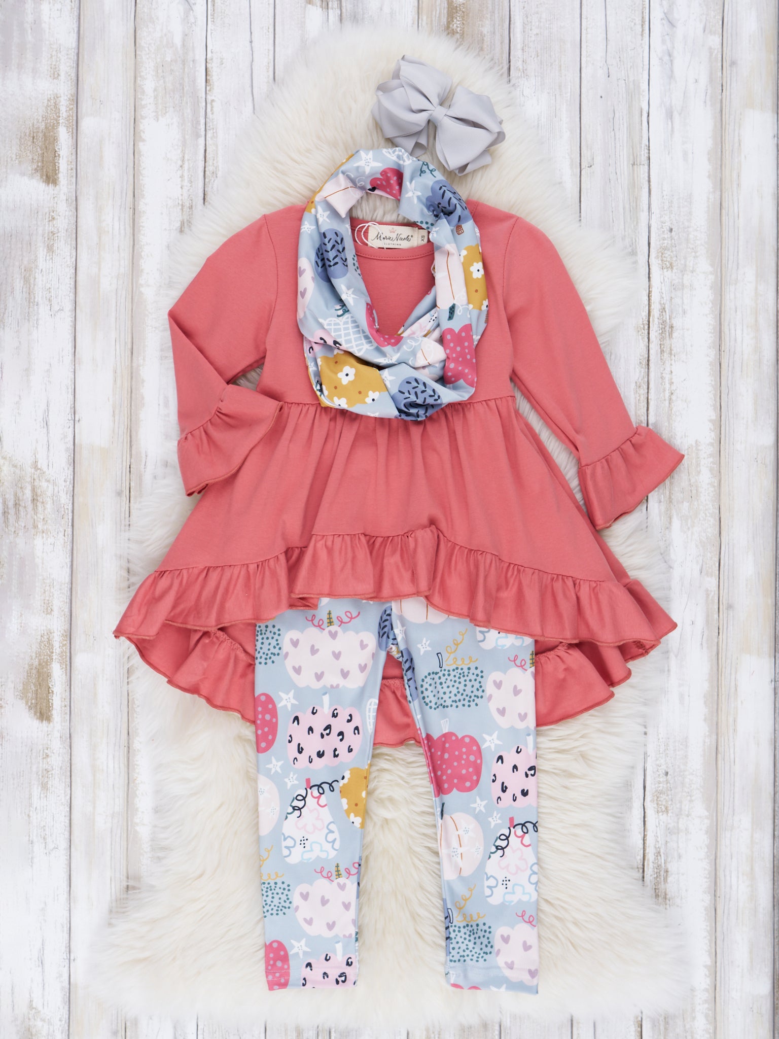 Deep Rose Doodle Pumpkin Ruffle Scarf Outfit - Marie Nicole Clothing