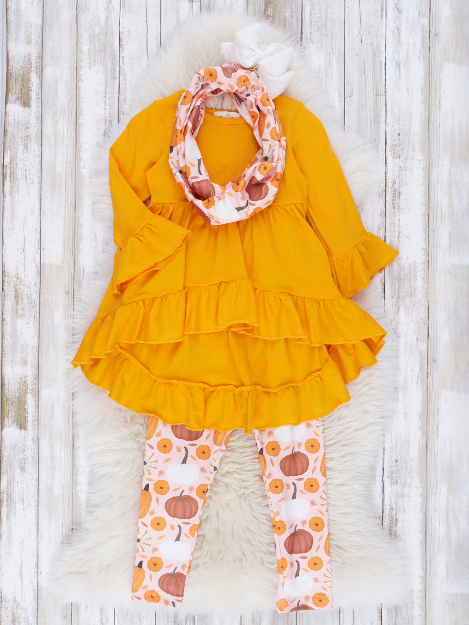 Golden Pumpkin Ruffle Scarf Outfit - Marie Nicole Clothing