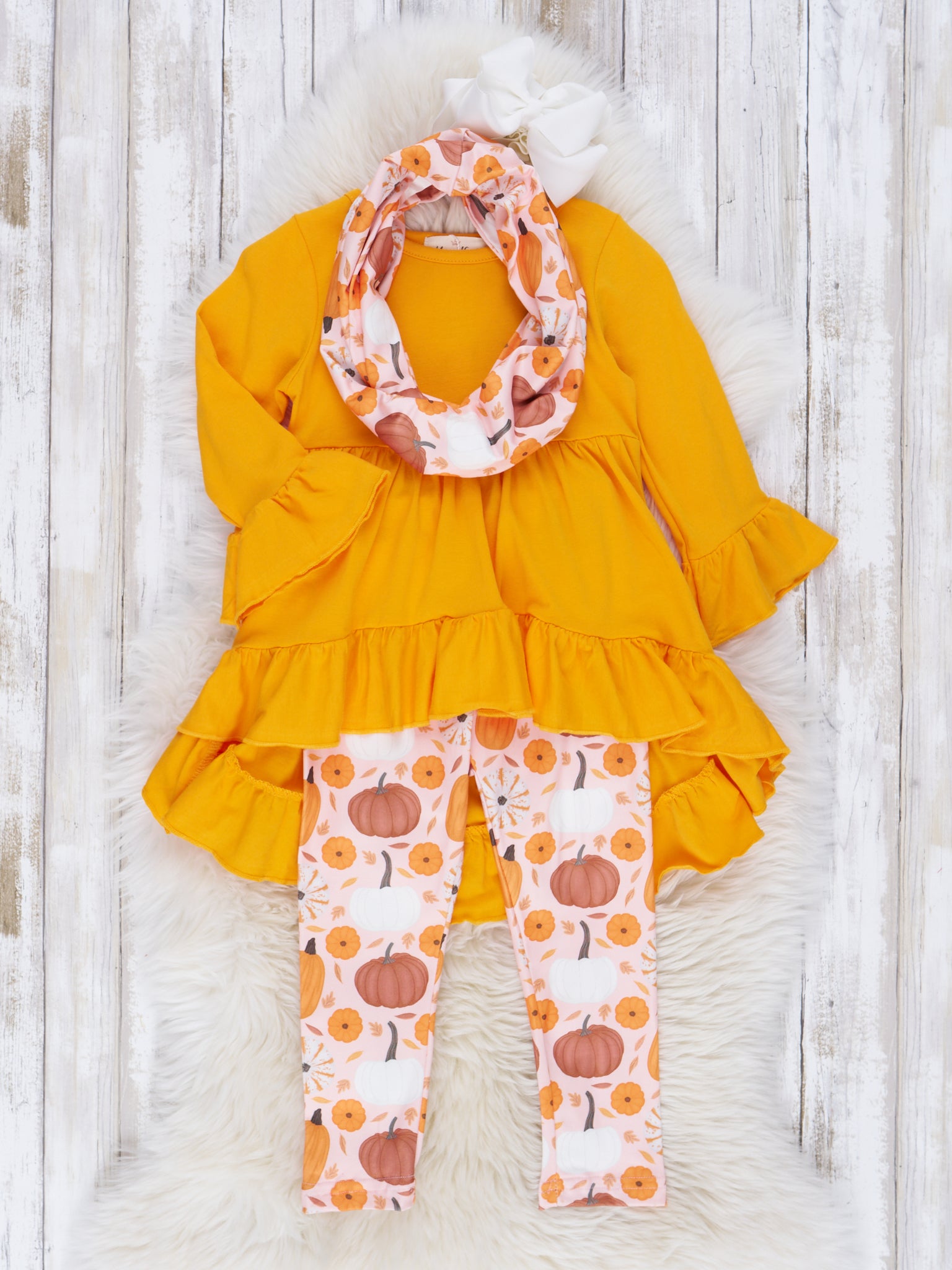 Golden Pumpkin Ruffle Scarf Outfit - Marie Nicole Clothing