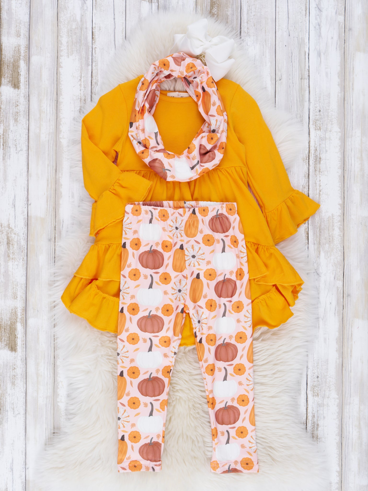 Golden Pumpkin Ruffle Scarf Outfit - Marie Nicole Clothing